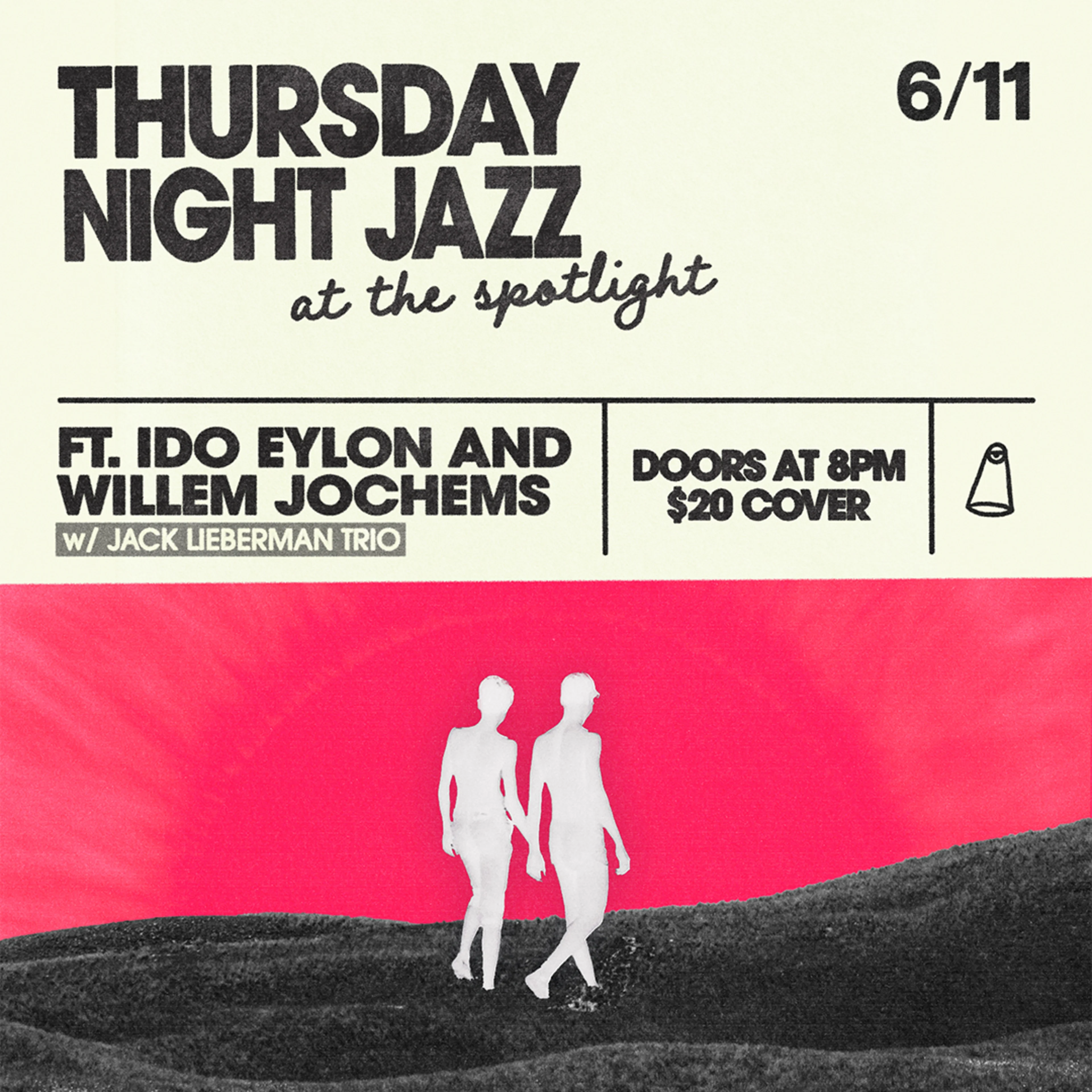 Retro jazz event poster for Thursday Night Jazz on 6/11, featuring two silhouettes on a pink and gray background.