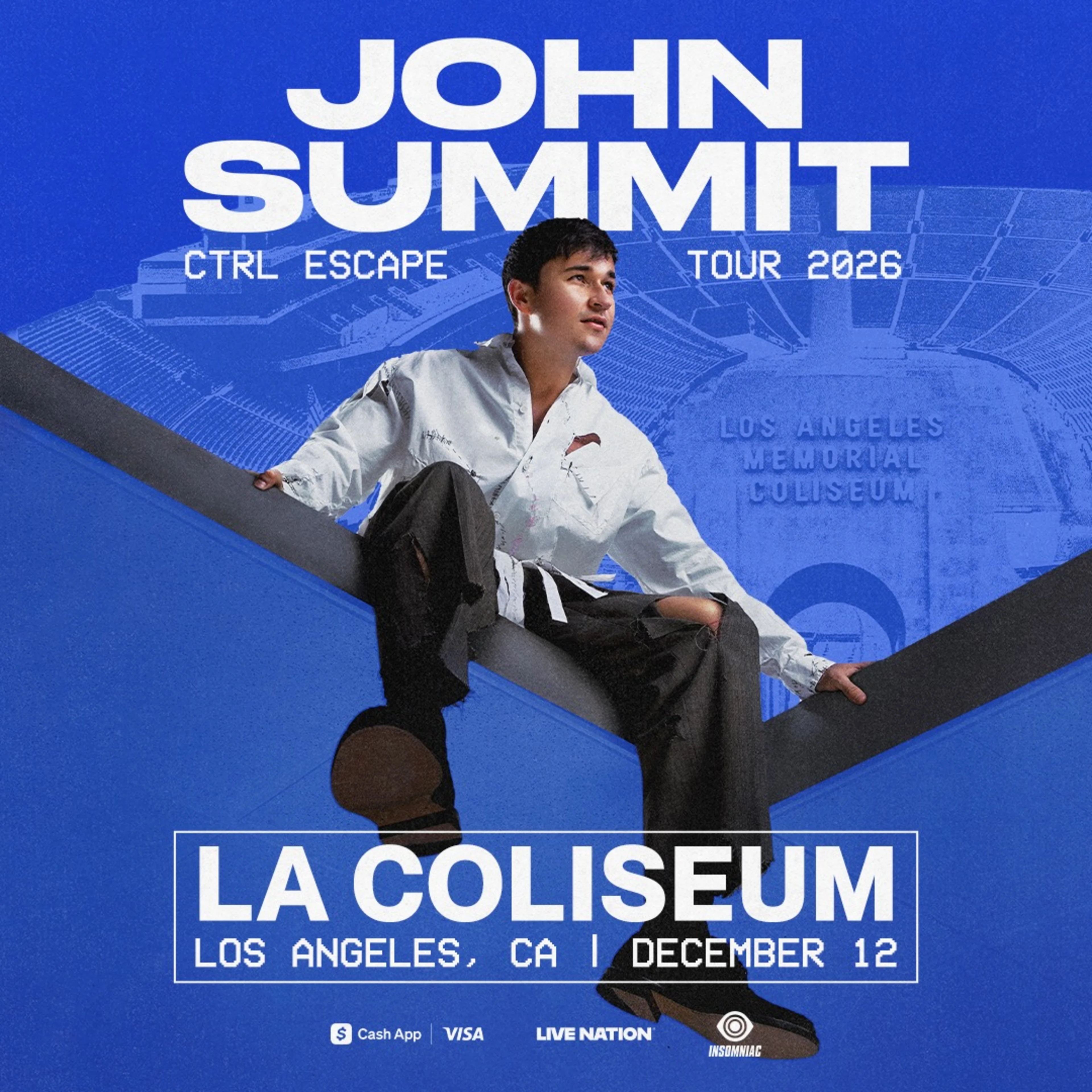 John Summit Ctrl Escape Tour 2026 concert poster, blue background, LA Coliseum, Los Angeles, CA, December 12.
