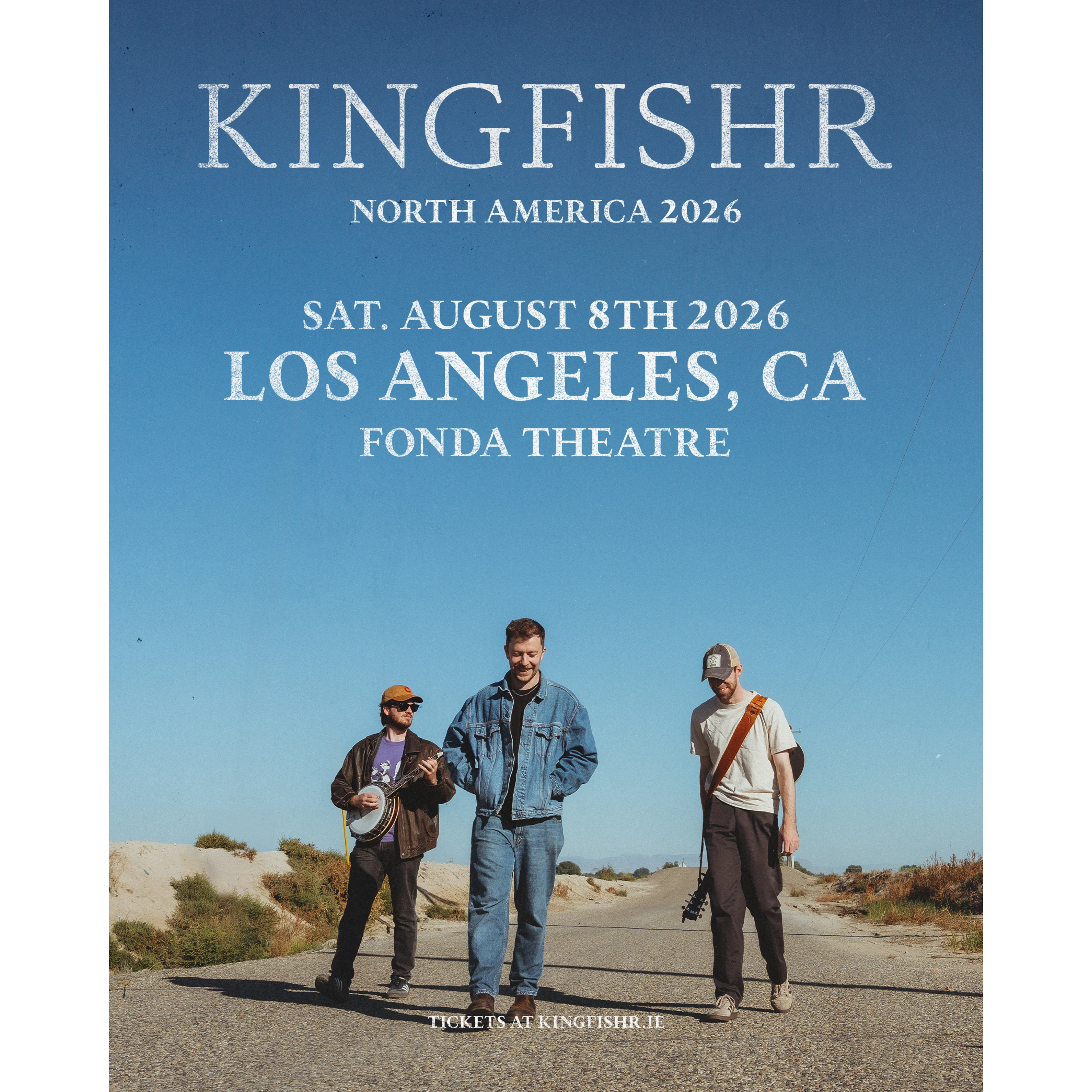 Kingfishr North America 2026 tour poster featuring three musicians on a desert road, performing at Fonda Theatre, Los Angeles, August 8th.