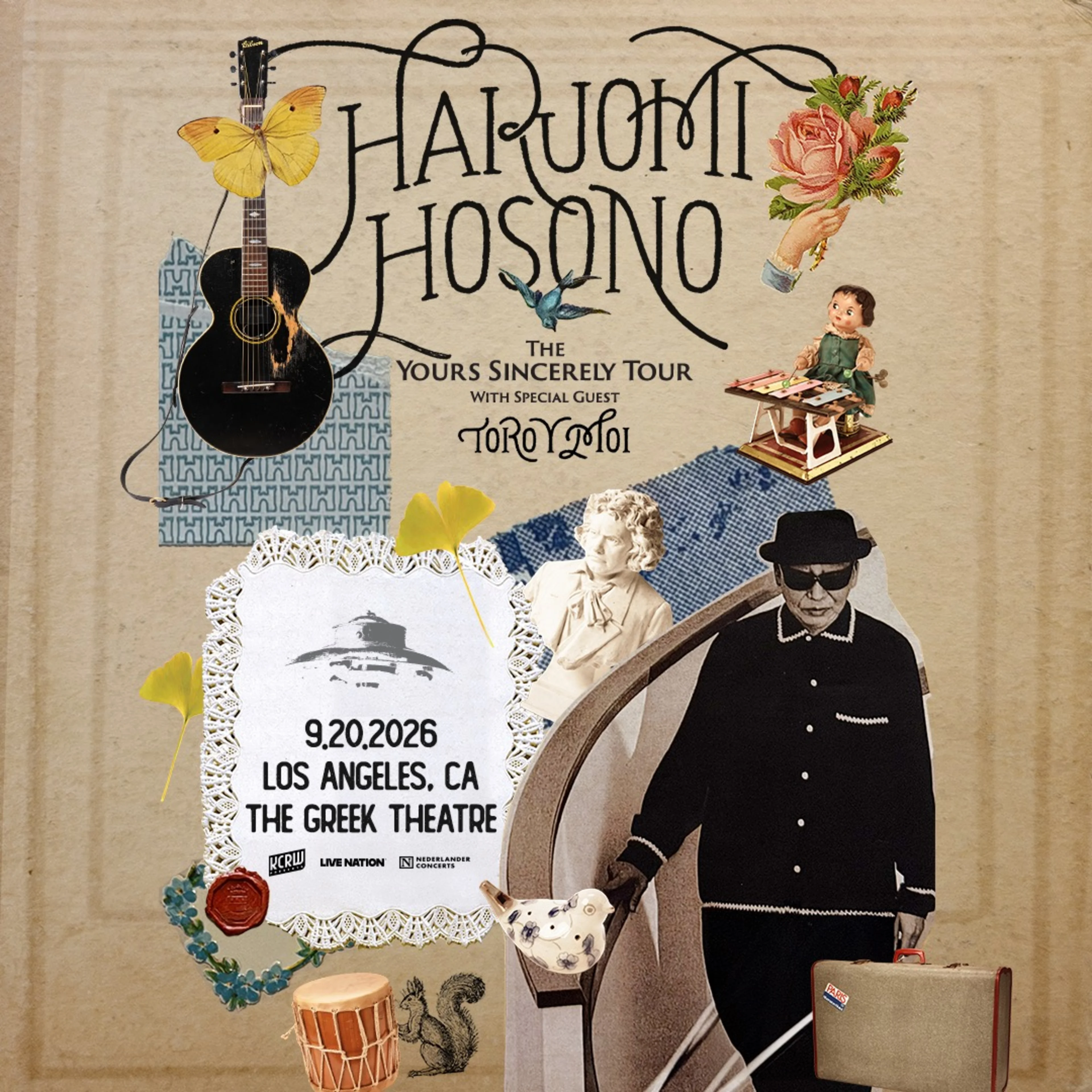 Haruomi Hosono Yours Sincerely Tour concert poster, collage style, Greek Theatre Los Angeles, September 20, 2026.