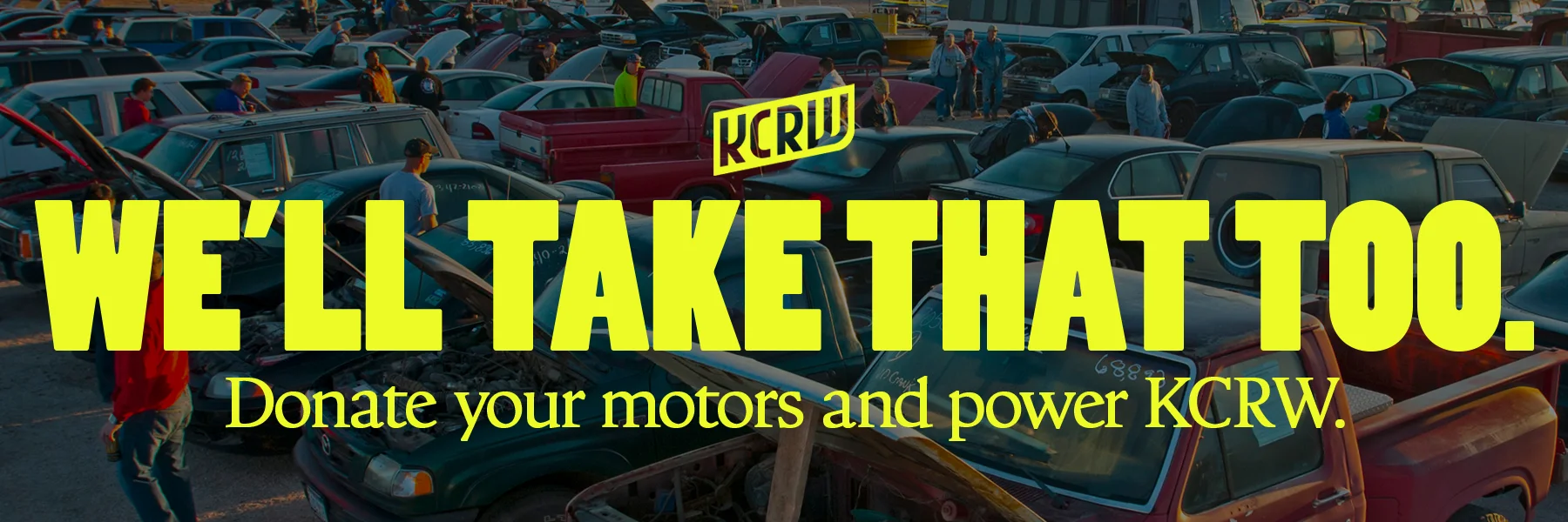 Collage showing car engine gears with text "Donate your motors and power KCRW" on teal background with KCRW logo.