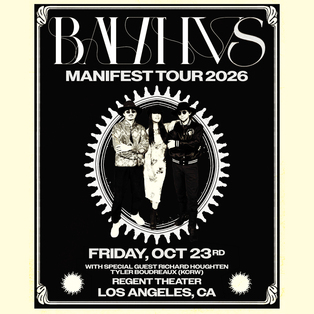 Balthvs Manifest Tour 2026 concert poster featuring three people posing, Friday Oct 23rd at Regent Theater, Los Angeles, CA.
