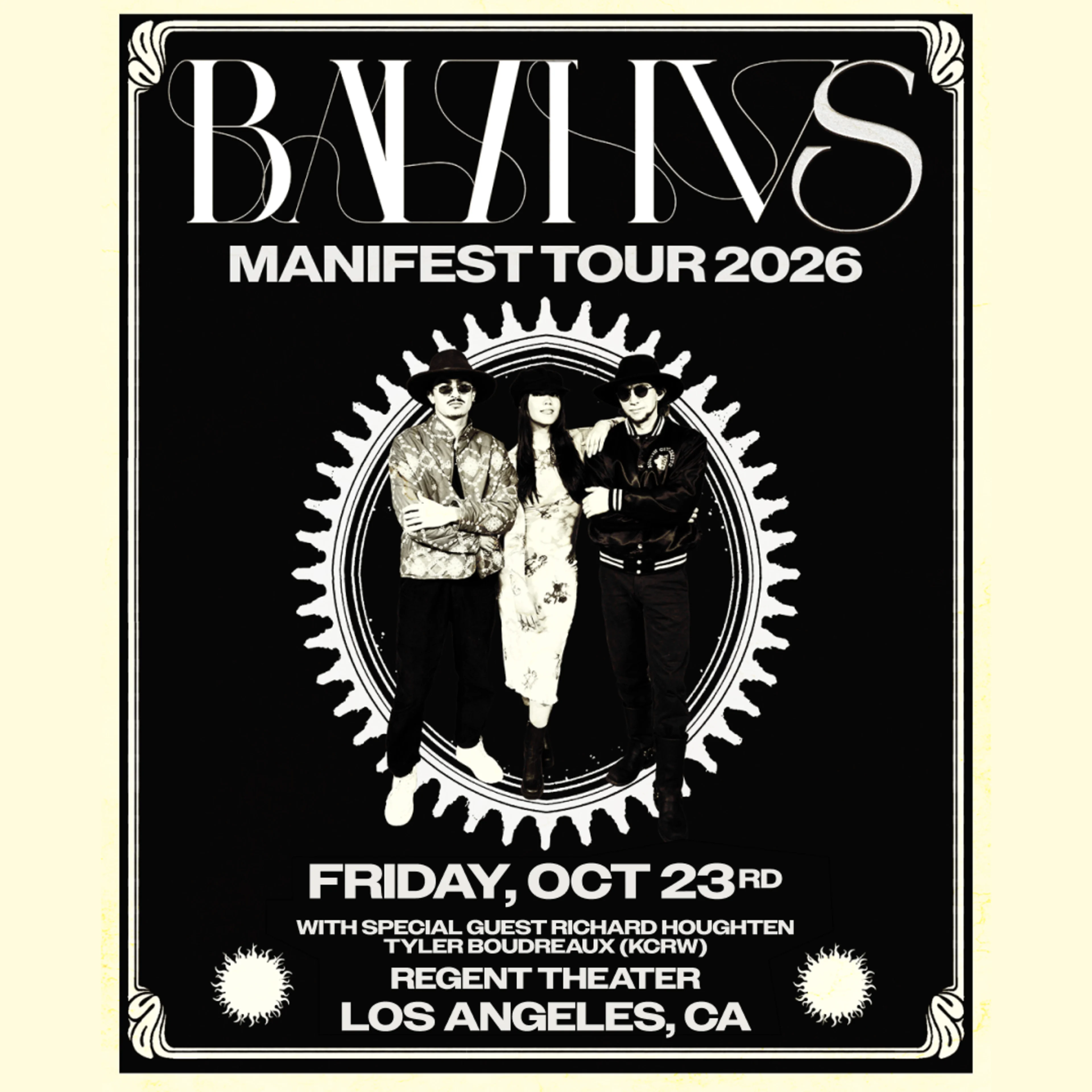 Balthvs Manifest Tour 2026 concert poster featuring three people posing, Friday Oct 23rd at Regent Theater, Los Angeles, CA.