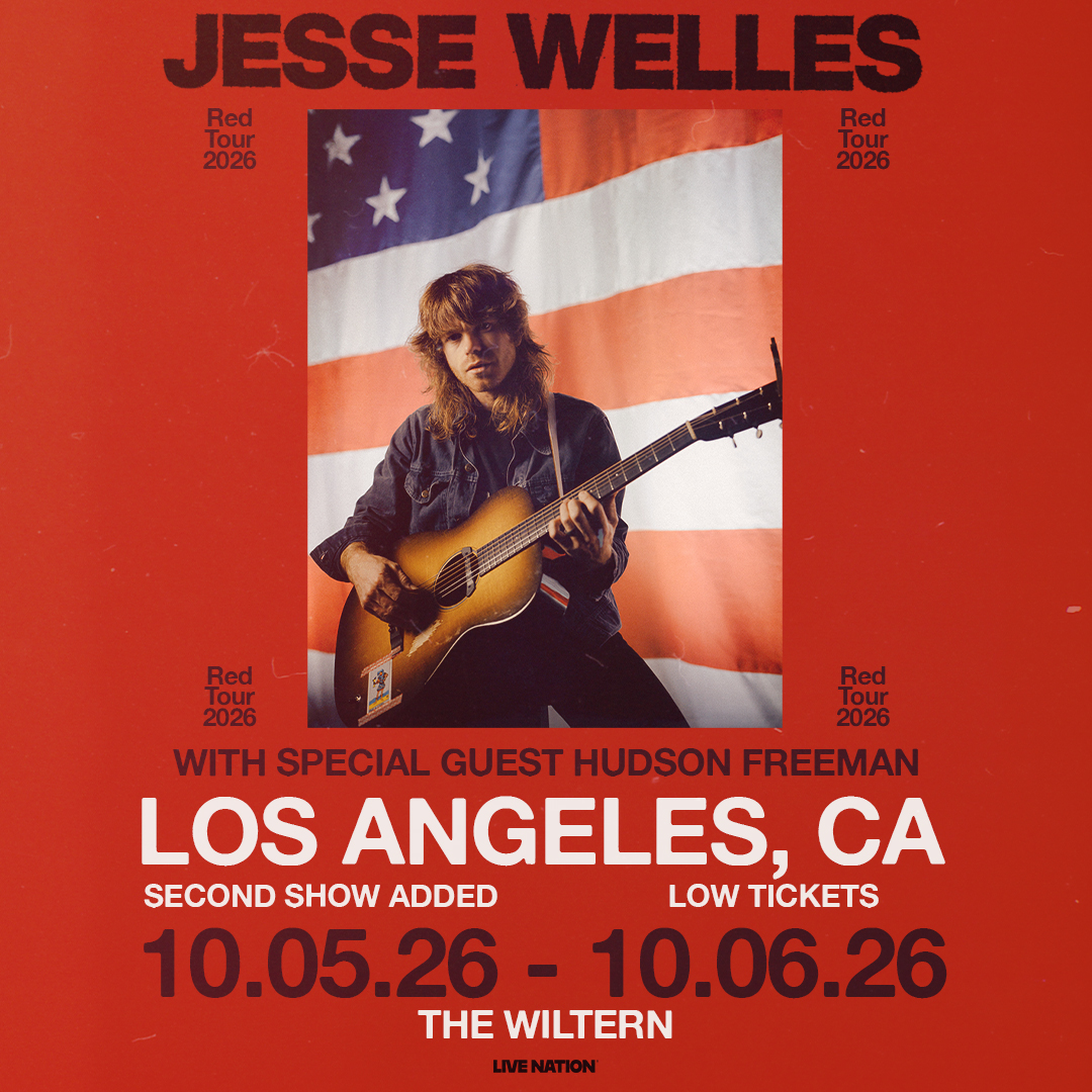 Jesse Welles Red Tour 2026 concert poster for Los Angeles, CA at The Wiltern on October 5-6, 2026.