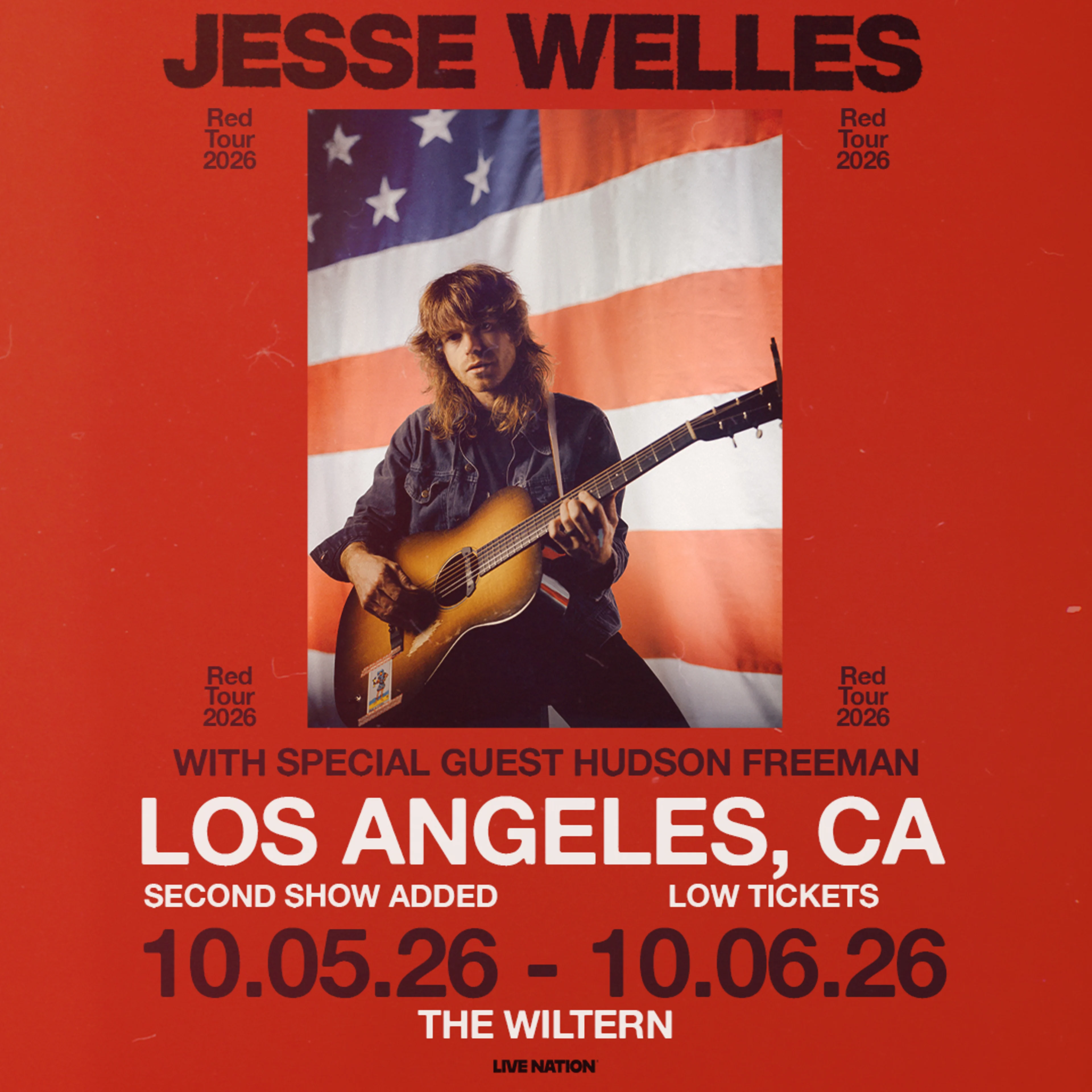 Jesse Welles Red Tour 2026 concert poster for Los Angeles, CA at The Wiltern on October 5-6, 2026.