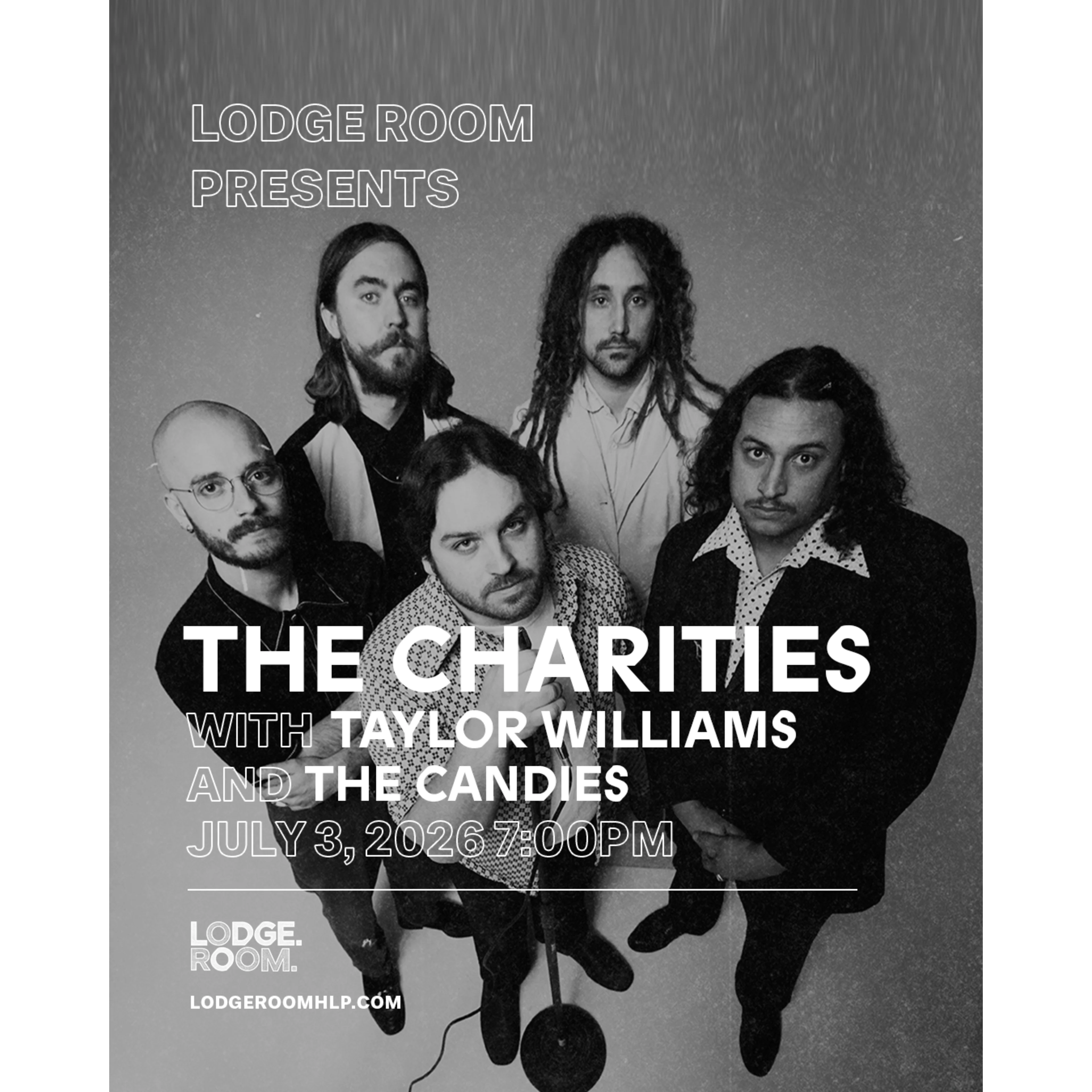 Black and white concert poster for The Charities at Lodge Room on July 3, 2026, featuring five band members posing together.
