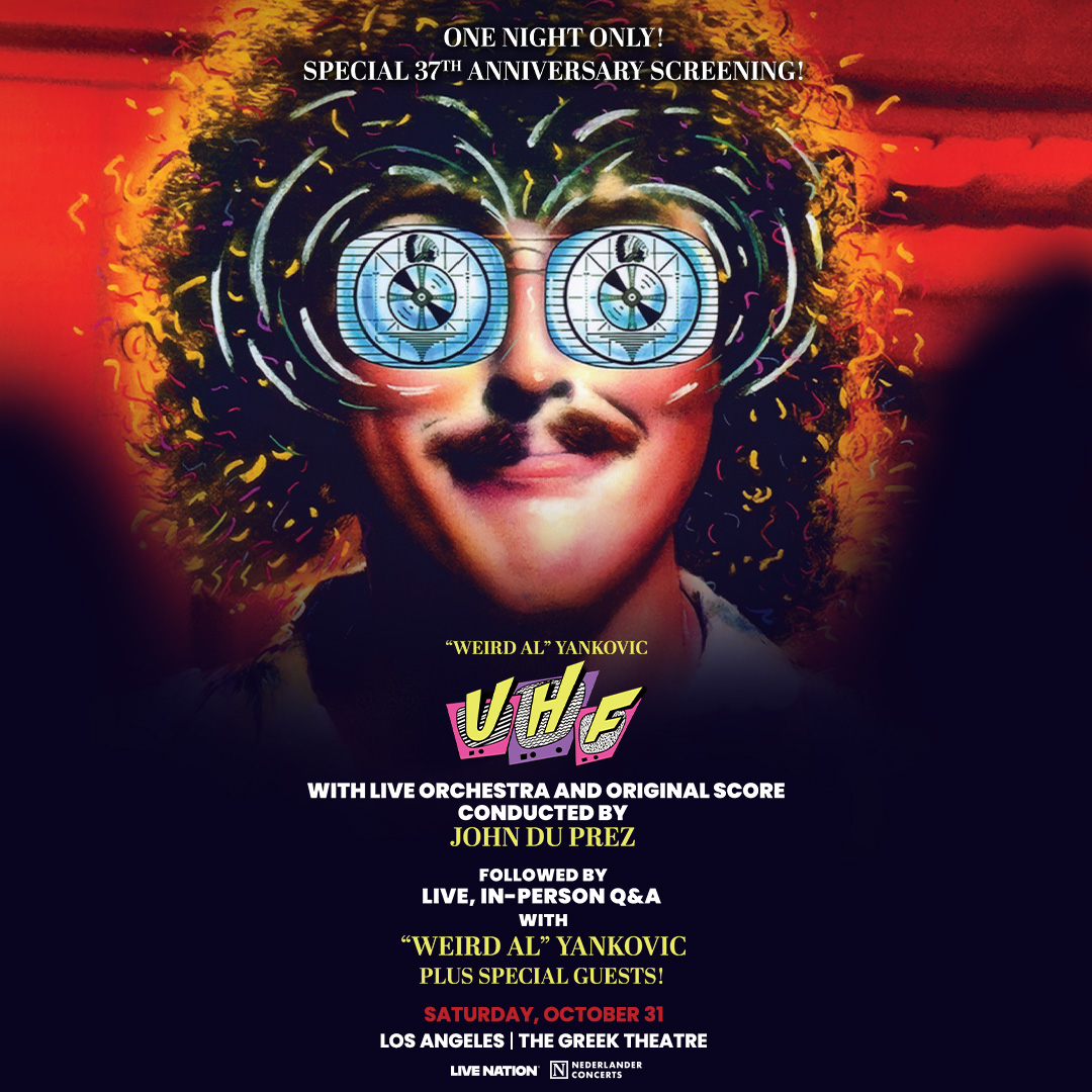 Promotional poster for Weird Al Yankovic's UHF 37th anniversary screening at The Greek Theatre, Los Angeles.