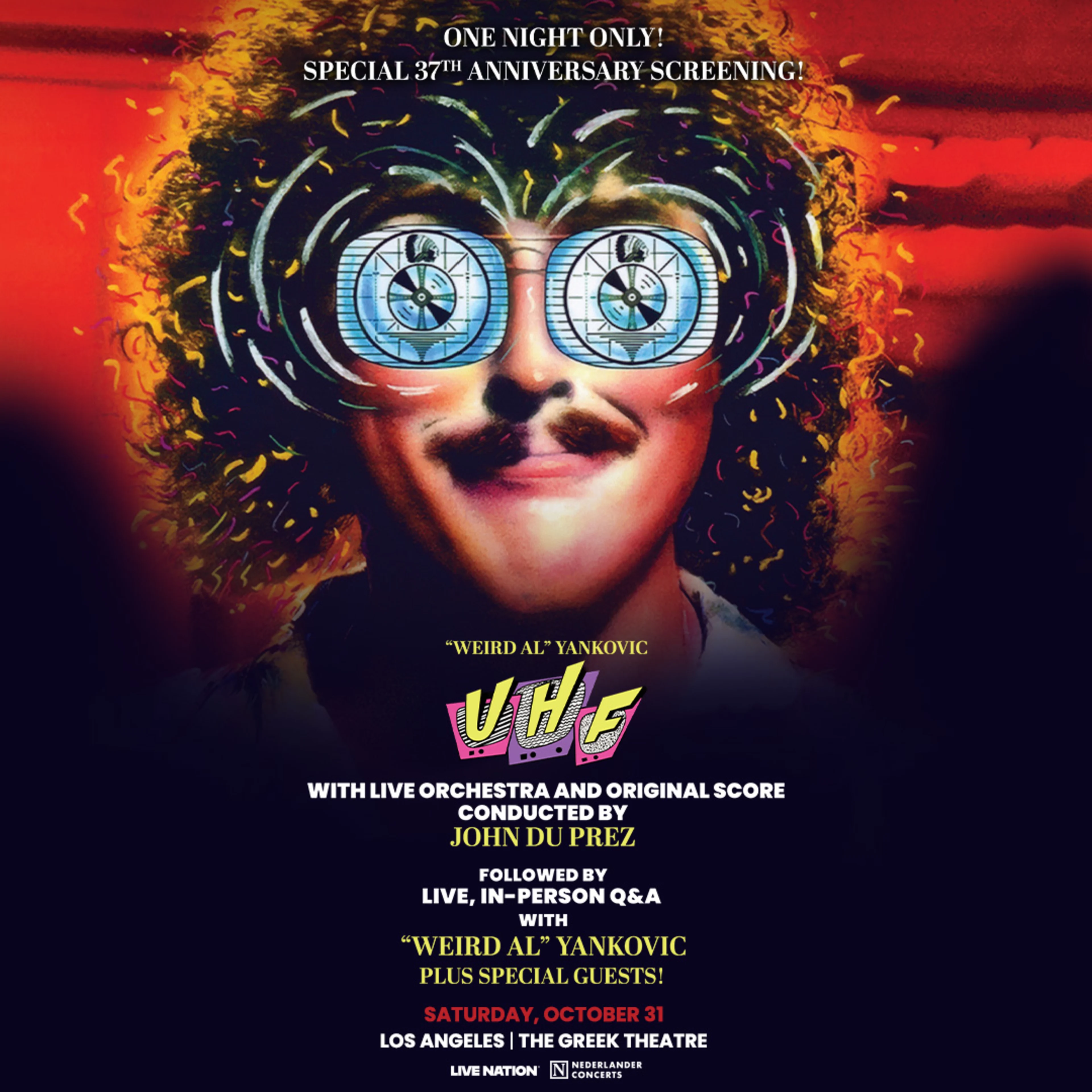 Promotional poster for Weird Al Yankovic's UHF 37th anniversary screening at The Greek Theatre, Los Angeles.
