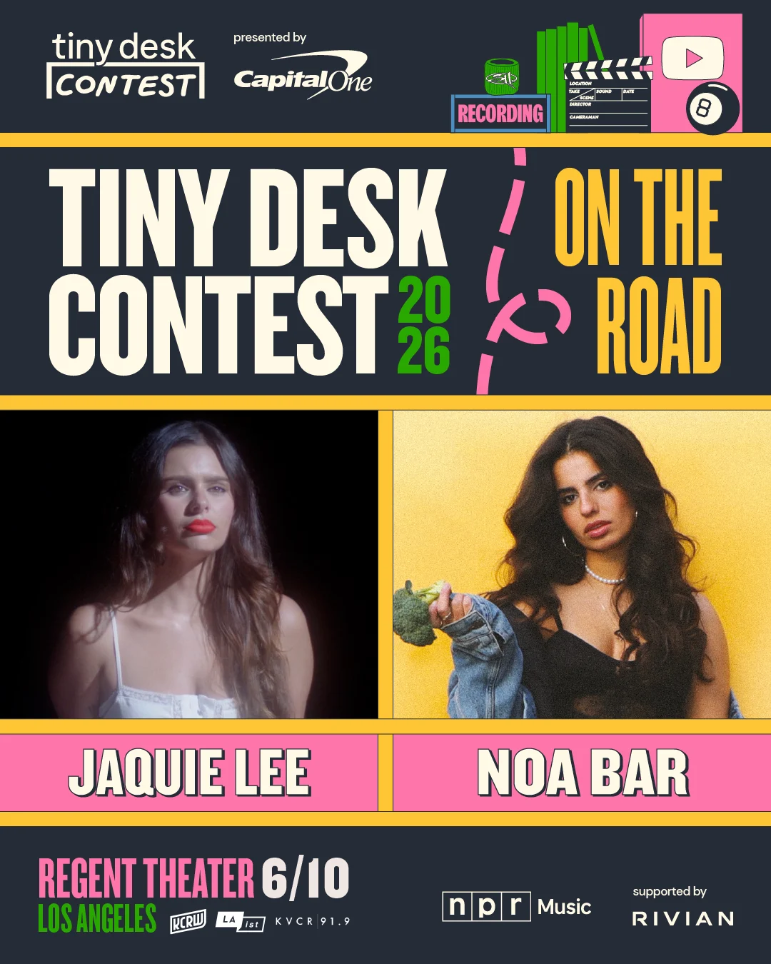 Tiny Desk Contest 2026 On The Road event poster featuring artists Jaquie Lee and Noa Bar at Regent Theater LA on 6/10.