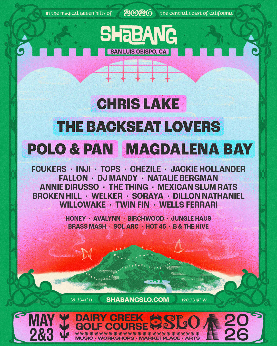 Colorful poster for Shabang 2026 music festival in San Luis Obispo featuring Chris Lake and multiple artists on May 2-3.