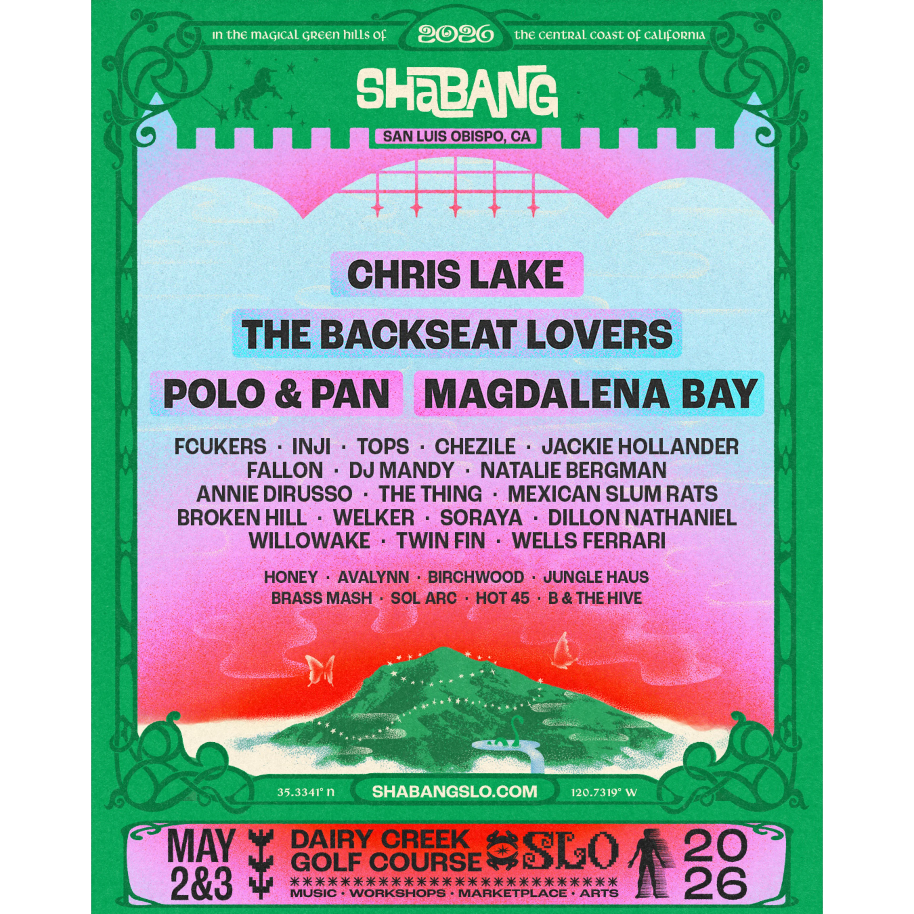 Colorful poster for Shabang 2026 music festival in San Luis Obispo featuring Chris Lake and multiple artists on May 2-3.