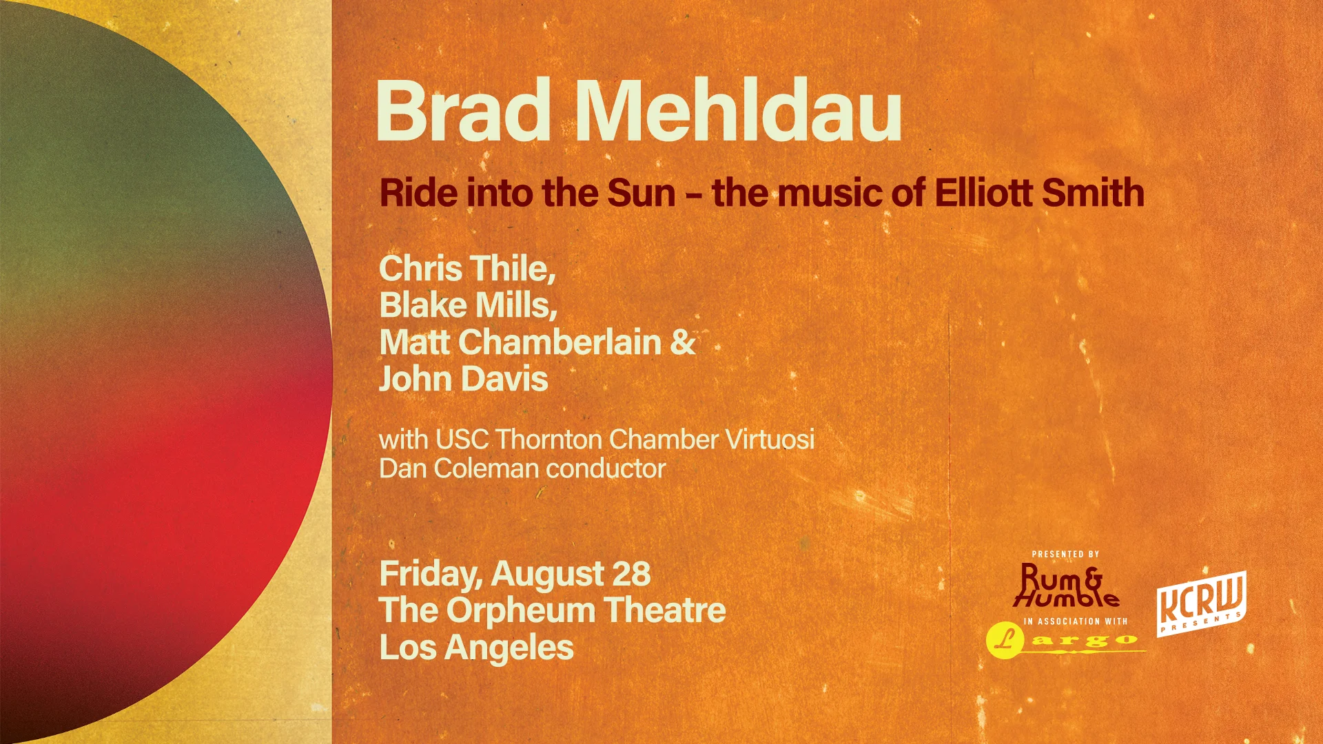 Concert poster for Brad Mehldau's Ride into the Sun at The Orpheum Theatre, Los Angeles, Friday August 28.