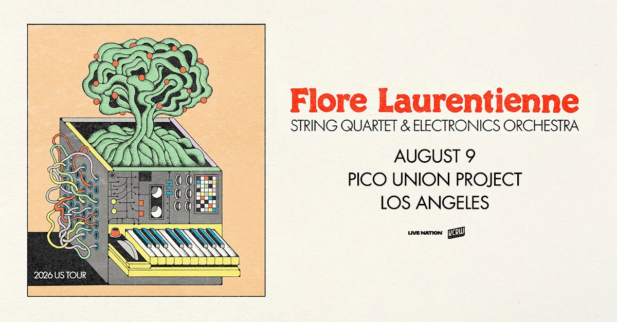 Flore Laurentienne concert poster featuring a synthesizer with a green tree growing from it, promoting an August 9 Los Angeles show.