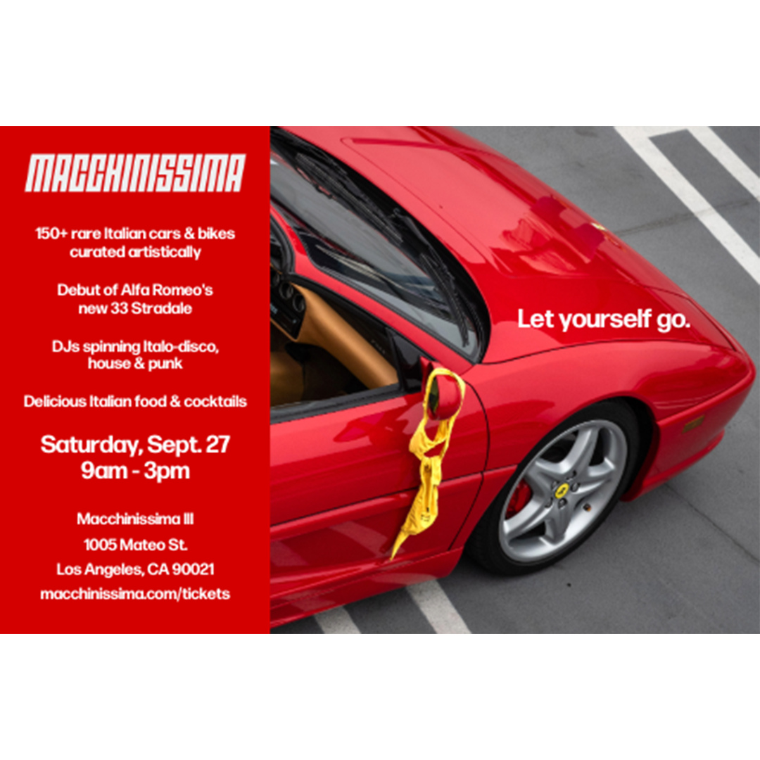 Red Ferrari sports car with event details for Macchinissima Italian car show featuring rare vehicles, food, and music.