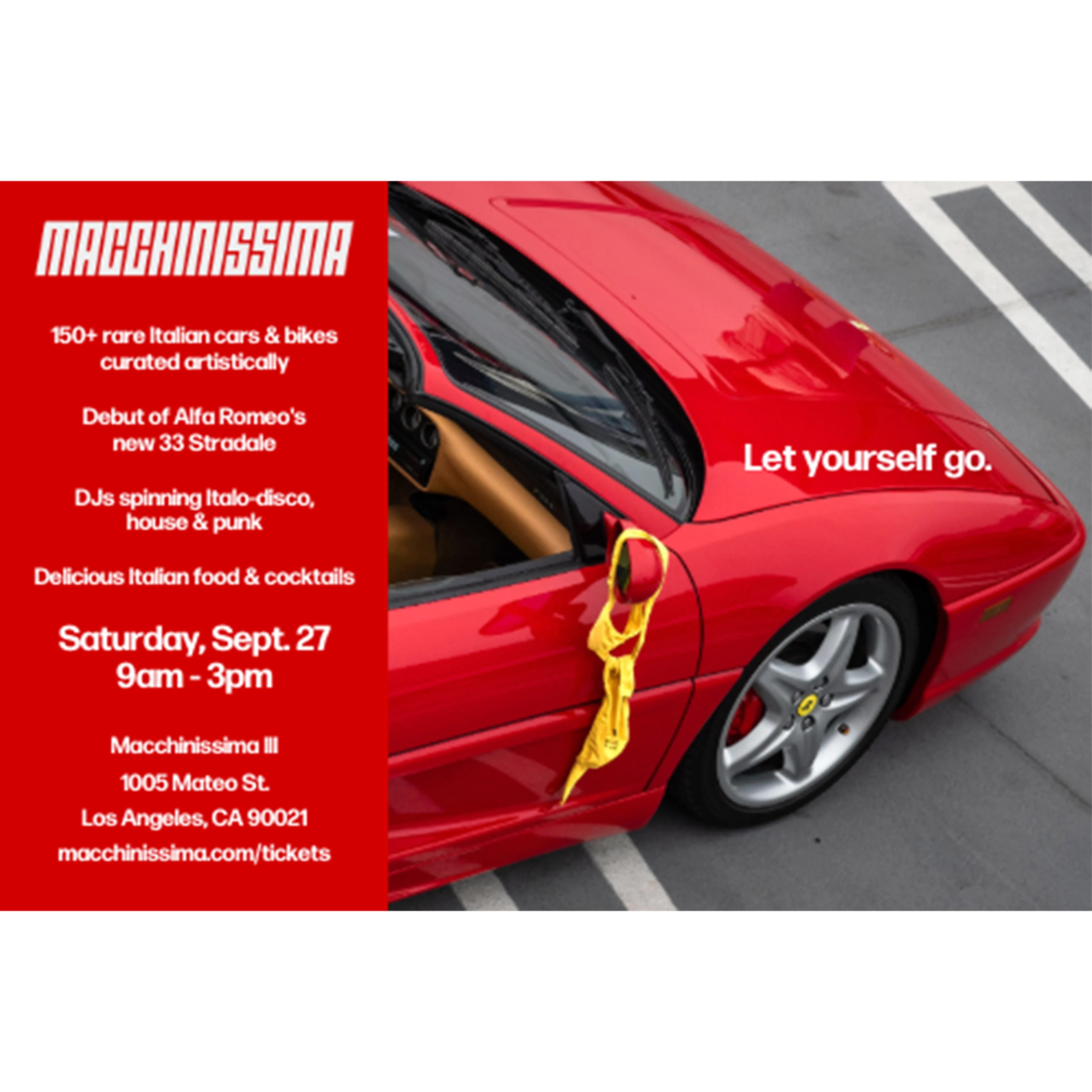 Red Ferrari sports car with event details for Macchinissima Italian car show featuring rare vehicles, food, and music.