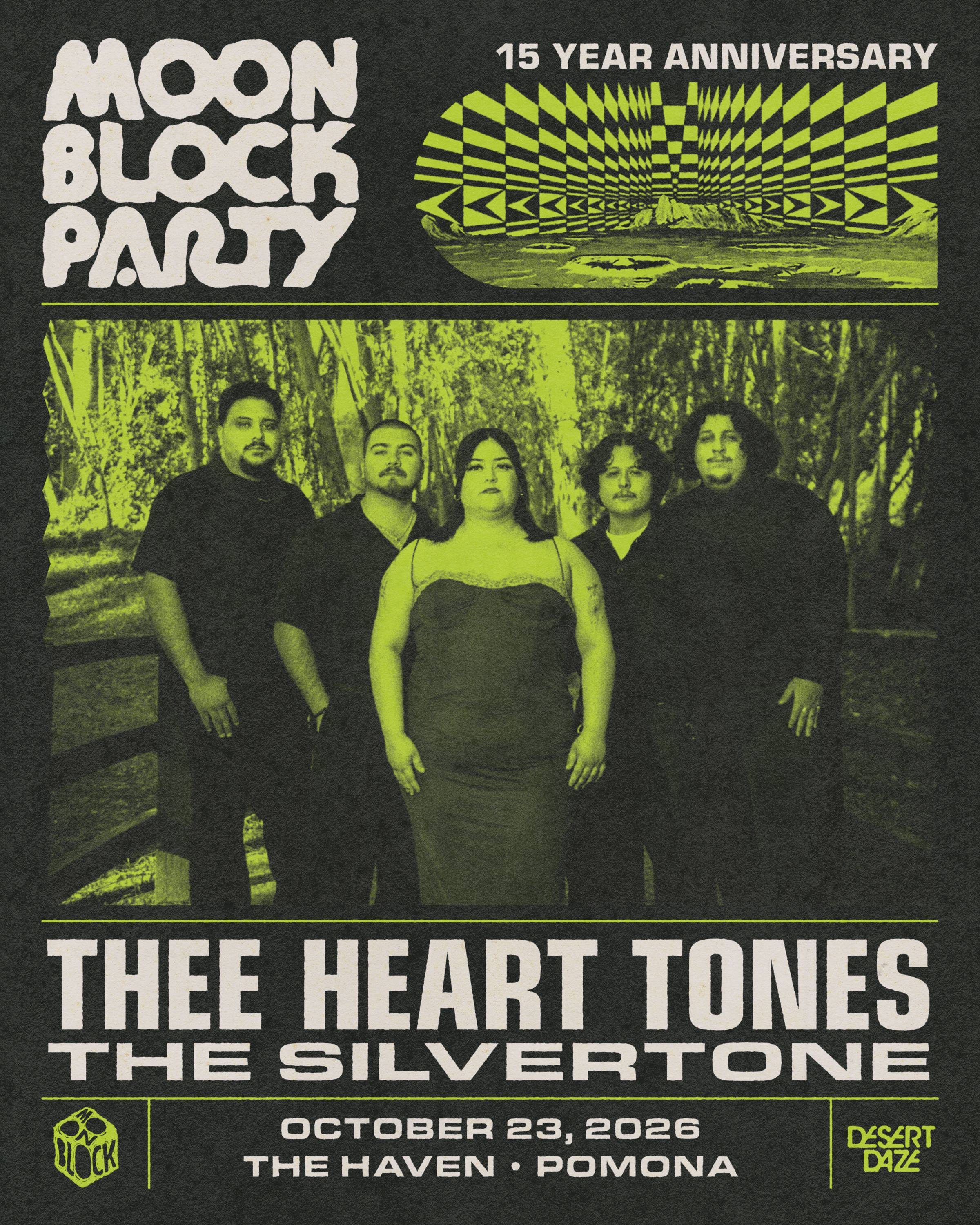 Concert poster for Moon Block Party featuring Thee Heart Tones and The Silvertone, October 23, 2026, at The Haven in Pomona.