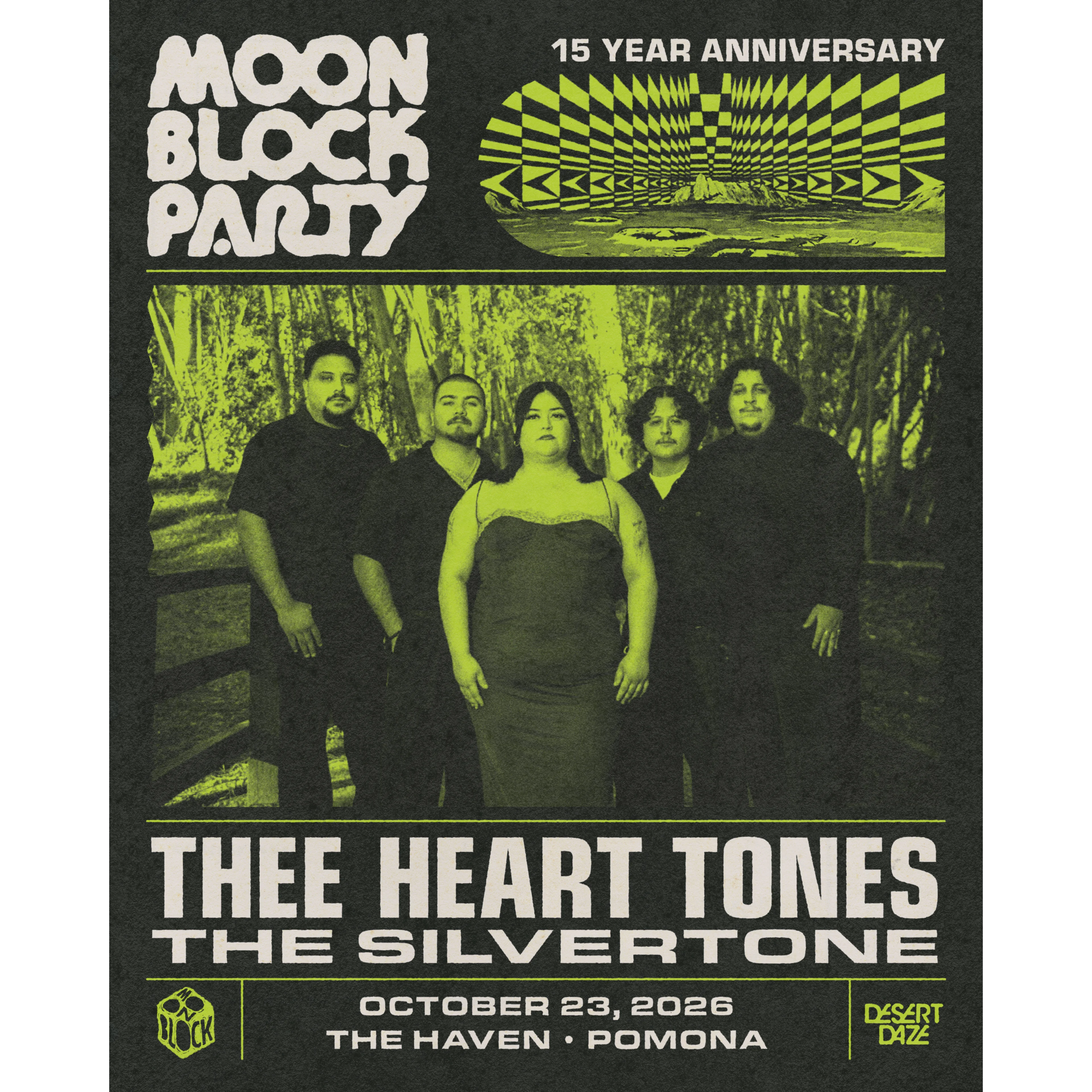 Concert poster for Moon Block Party featuring Thee Heart Tones and The Silvertone, October 23, 2026, at The Haven in Pomona.