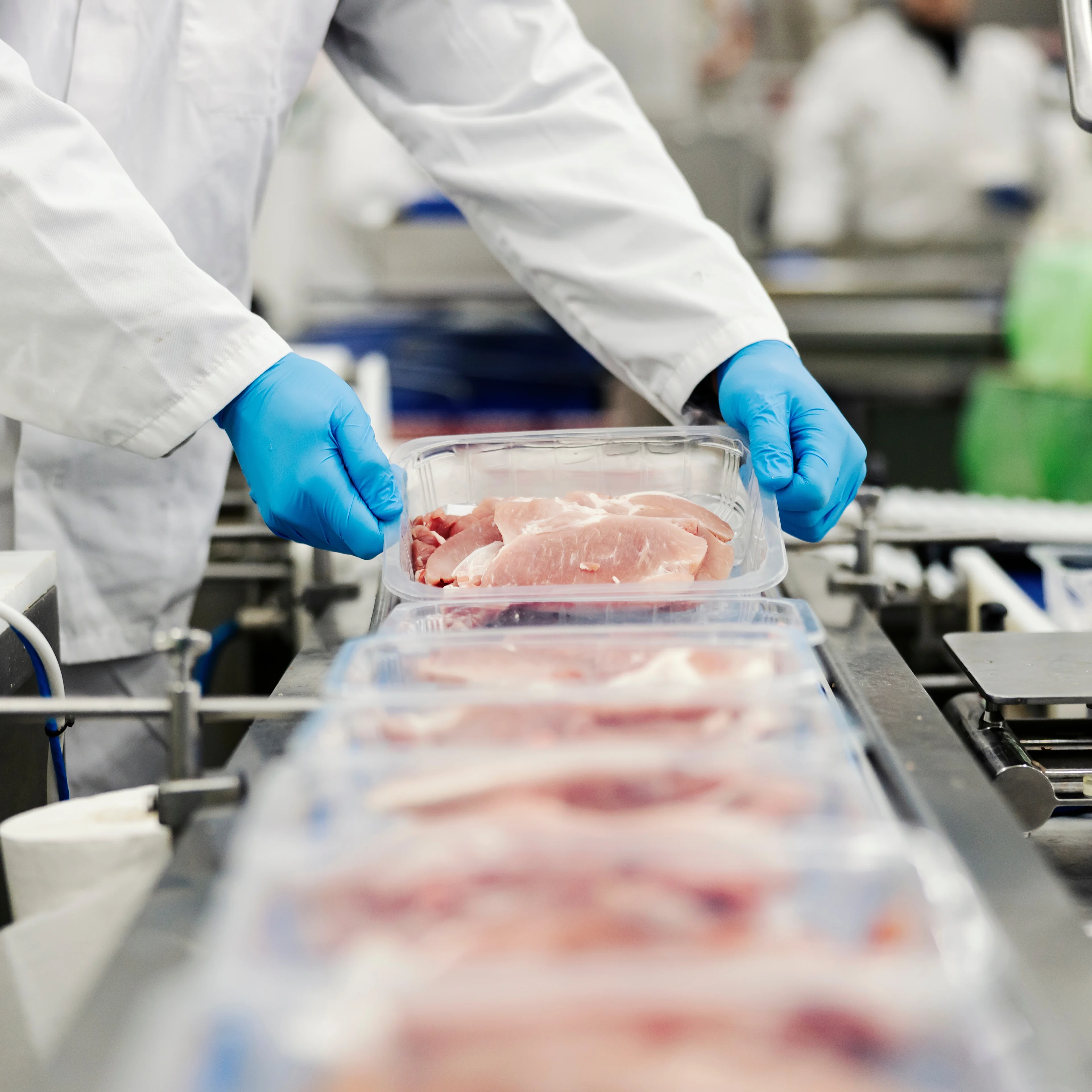 Close up of a meat industry worker's hands gathering packed meat on a conveyor belt.