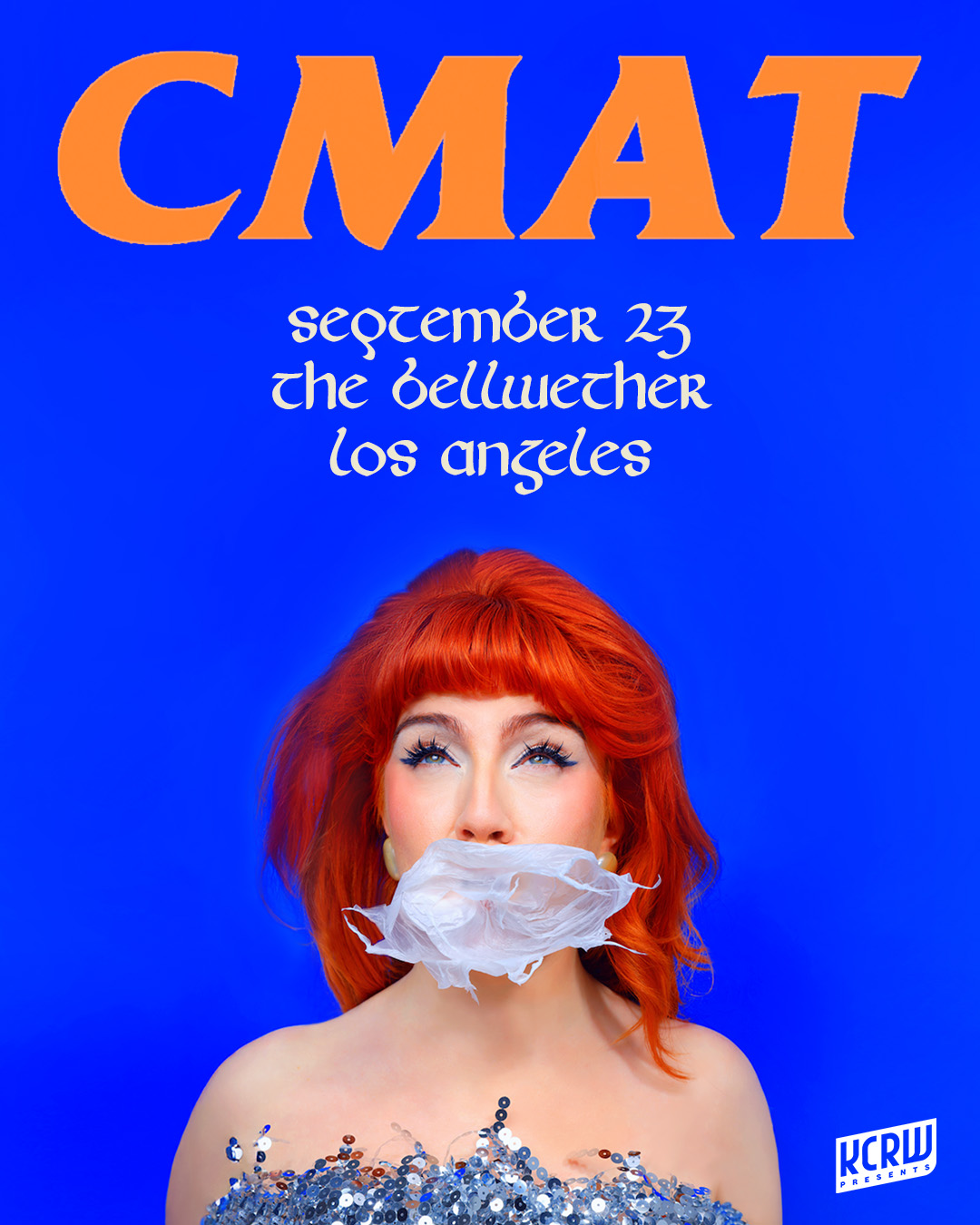 CMAT concert poster featuring a red-haired woman with fabric over her mouth, performing September 23 at The Bellwether, Los Angeles.