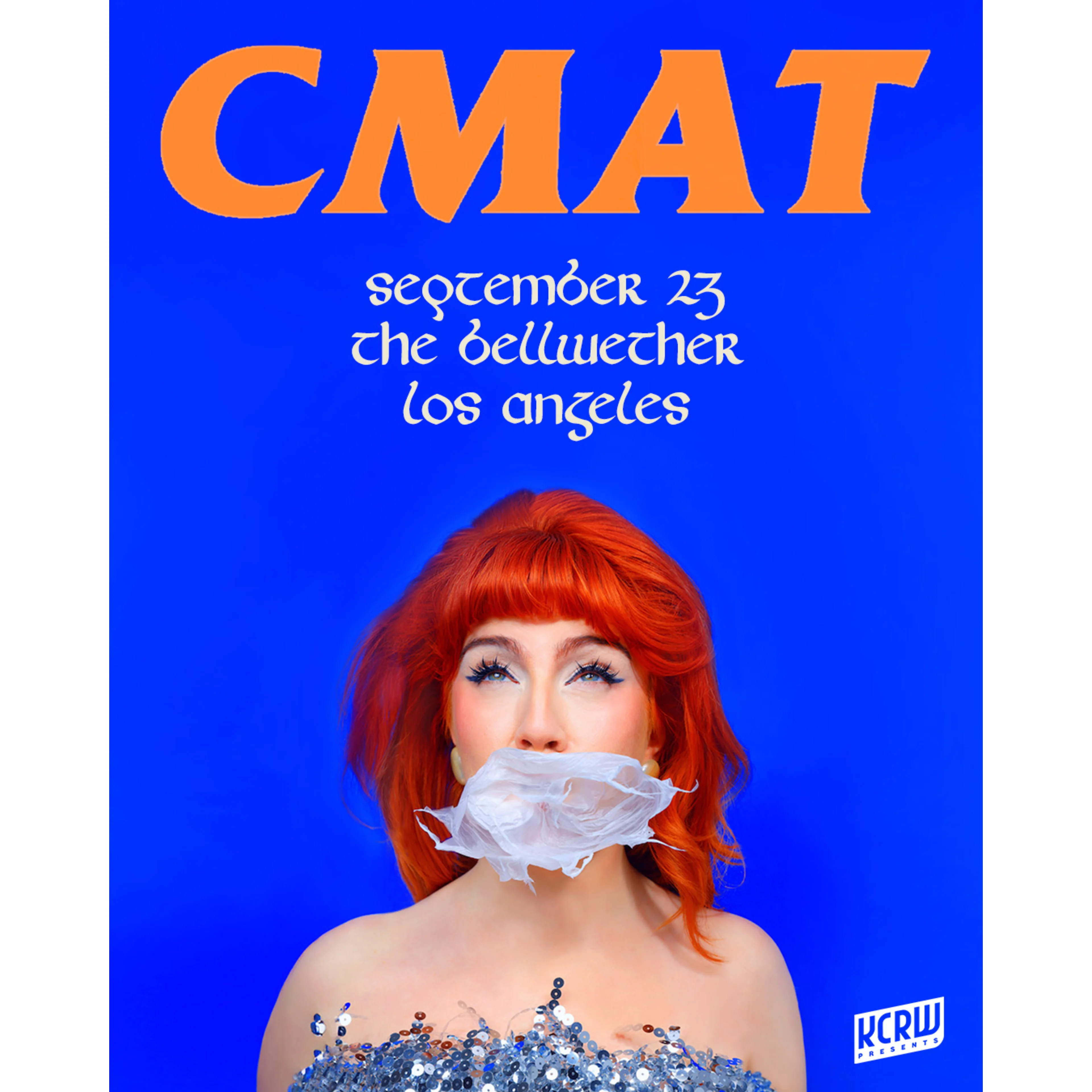 CMAT concert poster featuring a red-haired woman with fabric over her mouth, performing September 23 at The Bellwether, Los Angeles.
