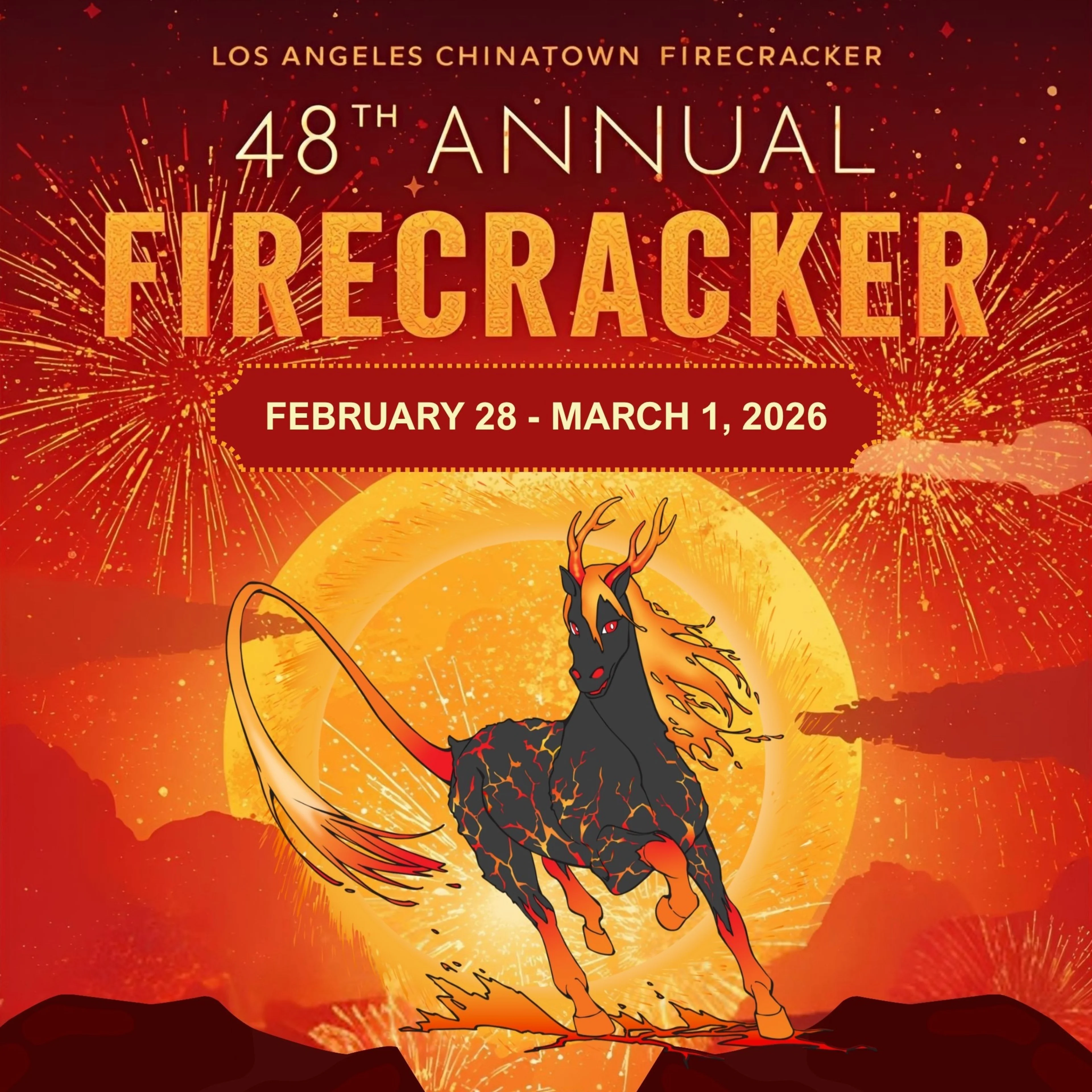 Flyer for LA Chinatown Firecracker Run featuring the Fire Horse, the 2026 Chinese Zodiac, orange and red