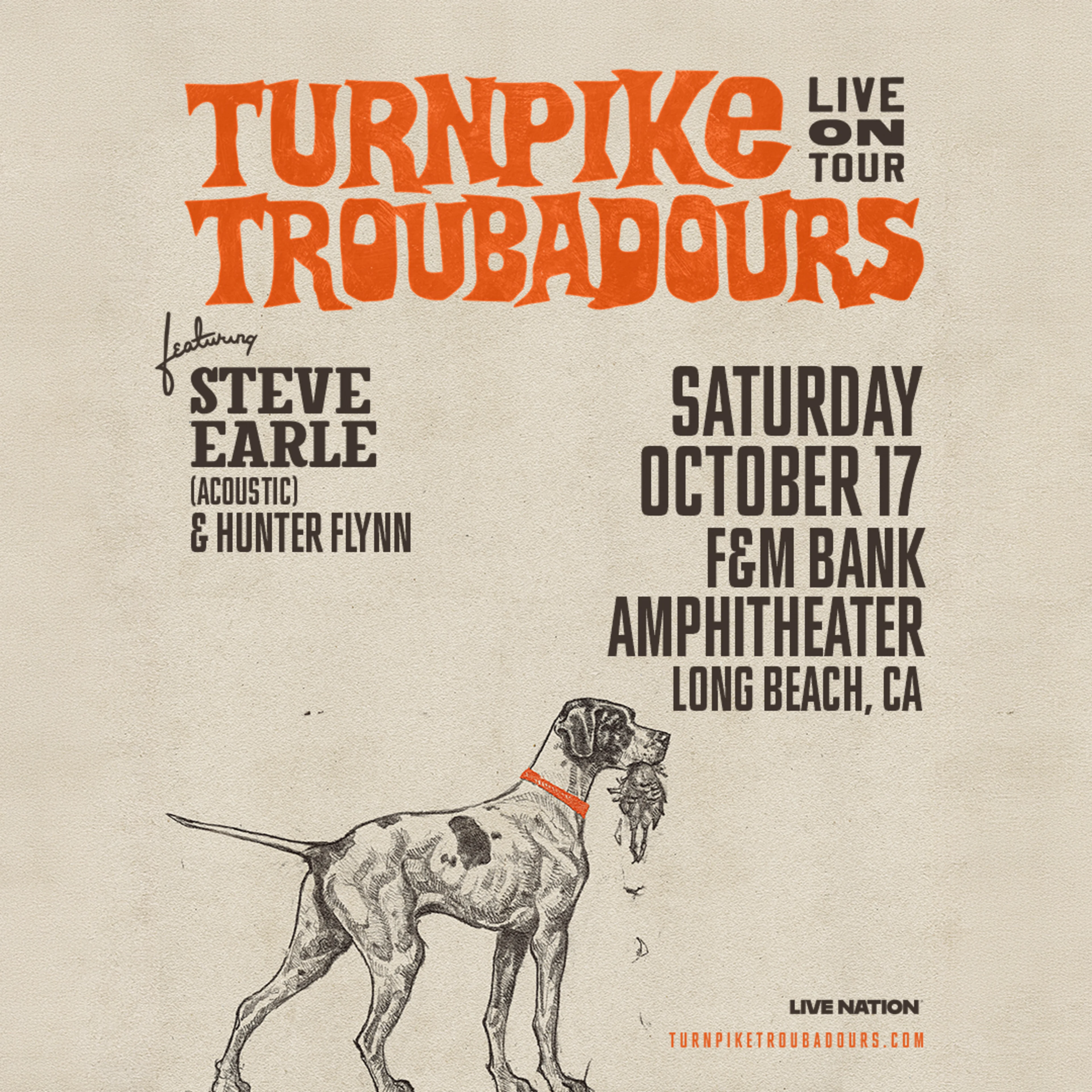Turnpike Troubadours Live on Tour concert poster featuring a illustrated hunting dog, Saturday October 17 at F&M Bank Amphitheater.