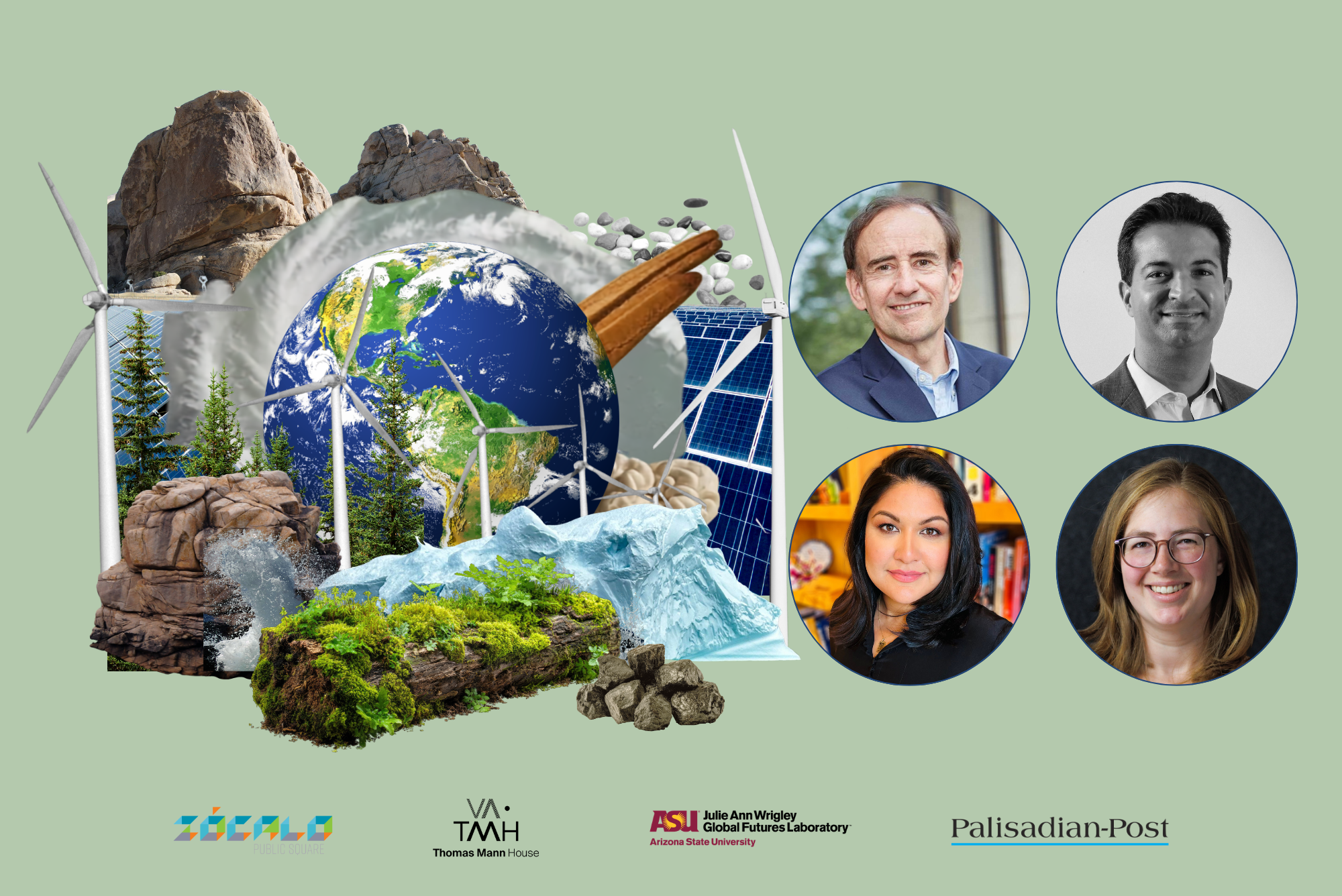 Collage of Earth, wind turbines, solar panels, nature, and four speaker portraits for an environmental event.