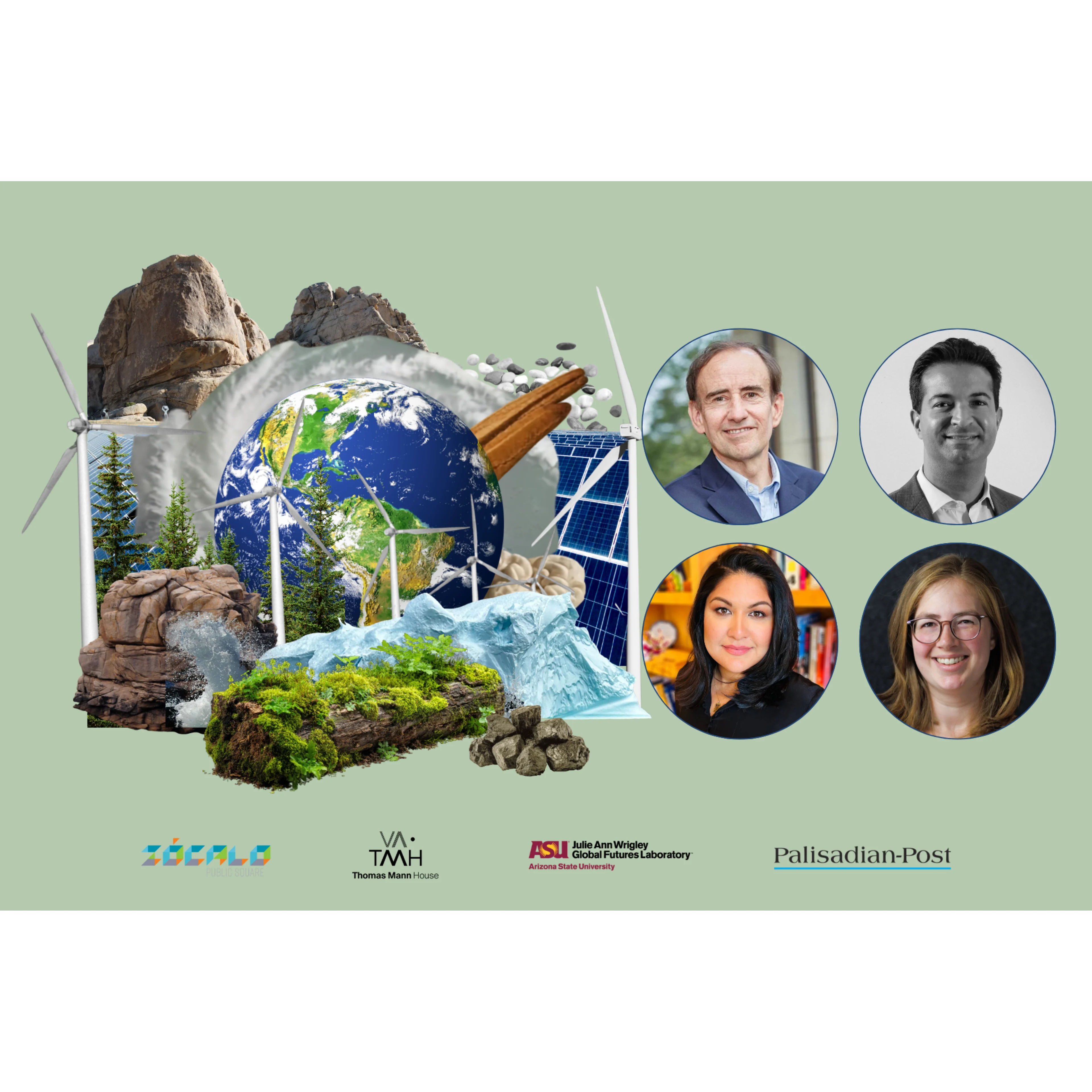 Collage of Earth, wind turbines, solar panels, nature, and four speaker portraits for an environmental event.