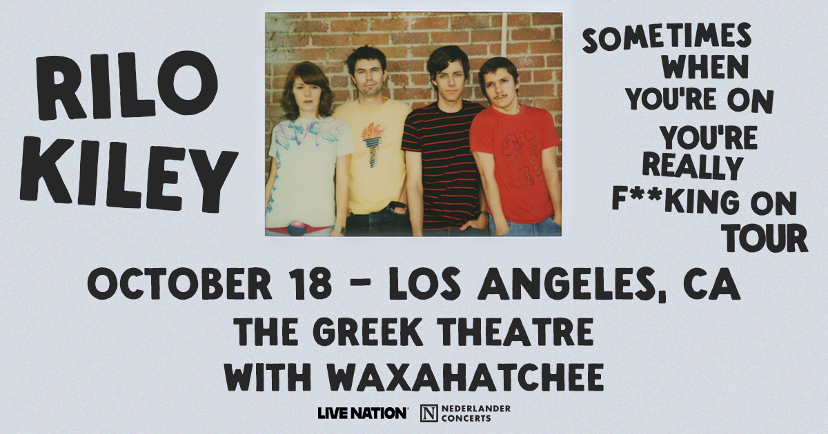 Rilo Kiley concert poster for October 18 at The Greek Theatre in Los Angeles, featuring band photo and tour information.
