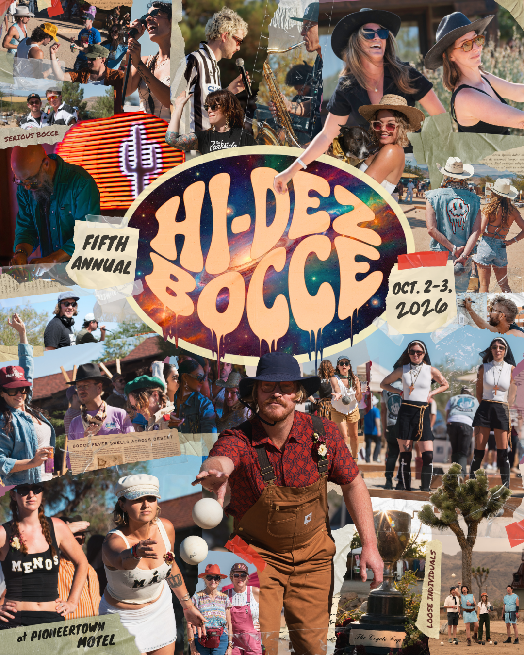 Collage poster for the Fifth Annual Hi-Dez Bocce event at Pioneertown Motel, Oct. 2-3, 2026.