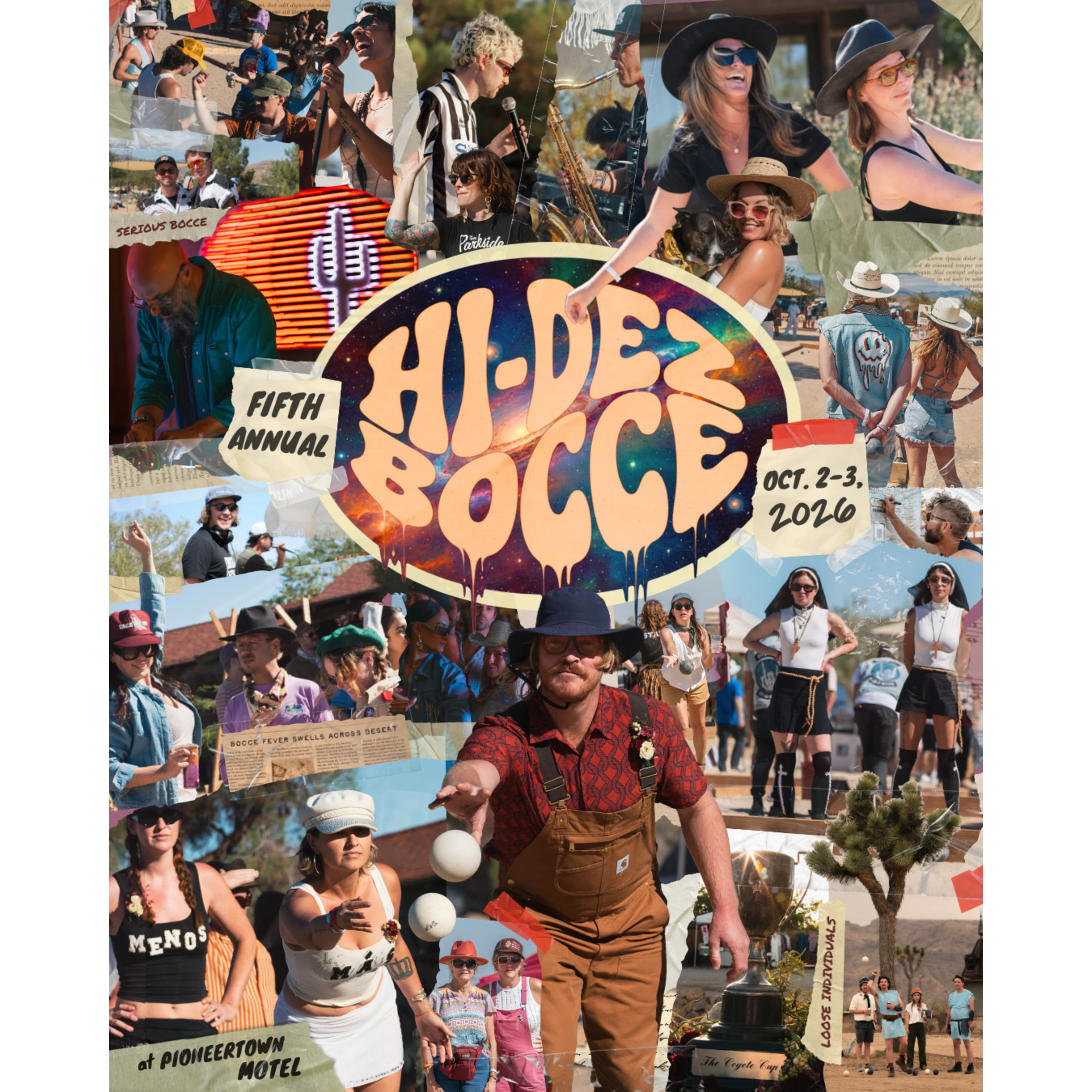 Collage poster for the Fifth Annual Hi-Dez Bocce event at Pioneertown Motel, Oct. 2-3, 2026.