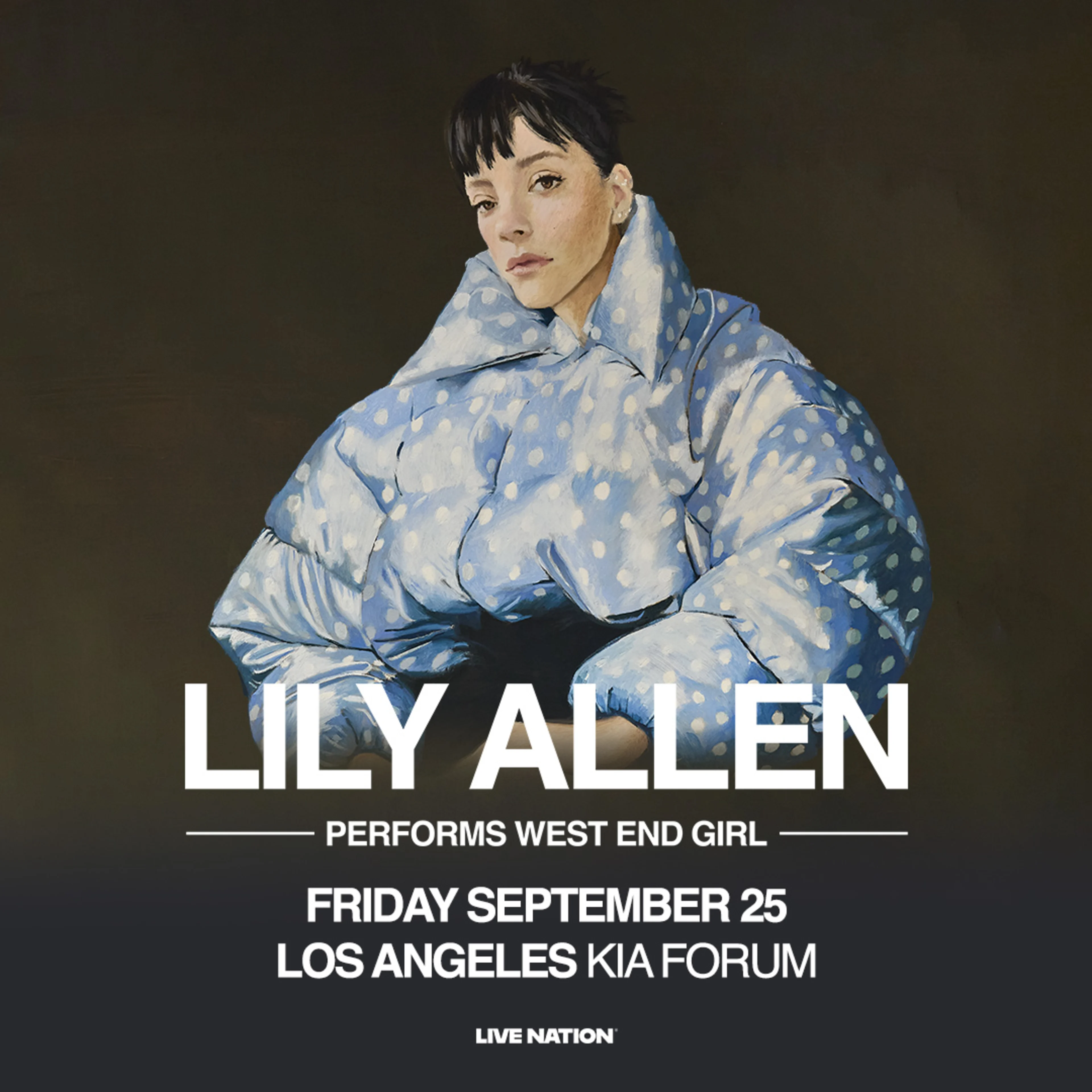 Lily Allen in blue polka dot coat on concert poster for Lily Allen performing "West End Girl" at Los Angeles Kia Forum.