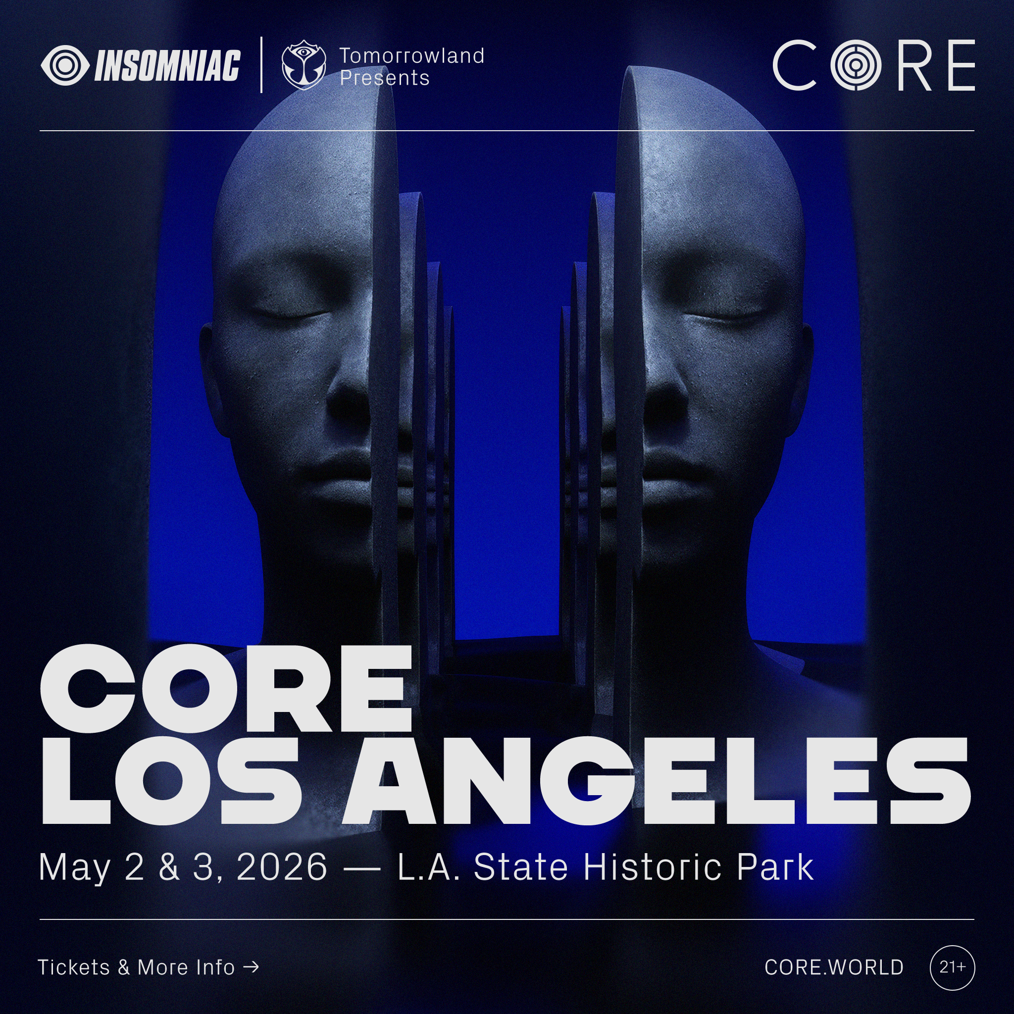 Promotional poster for CORE Los Angeles music festival by Insomniac and Tomorrowland, featuring sliced digital faces on blue background.
