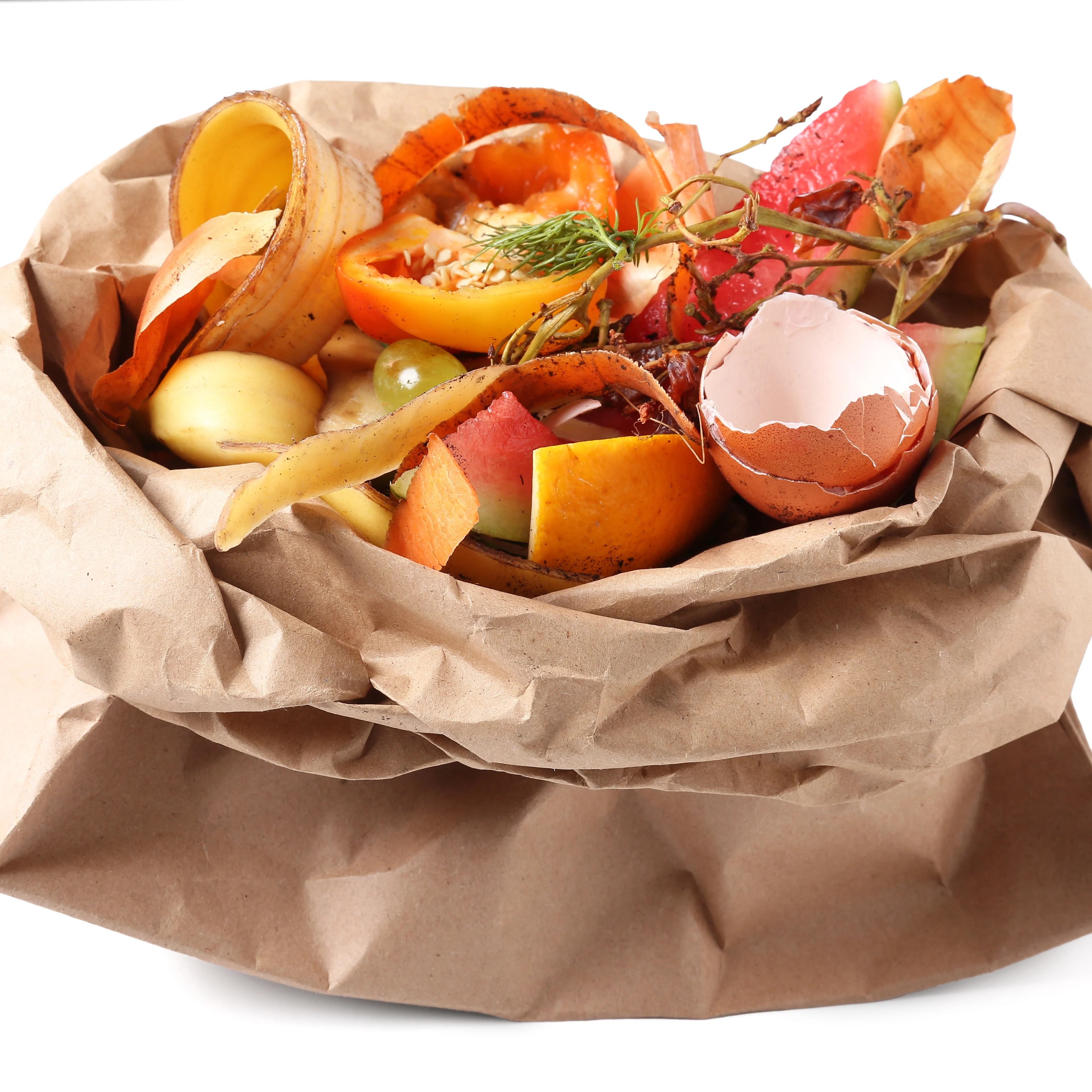 A brown paper bag filled with colorful food scraps including fruit peels, eggshells, and vegetable waste for composting.