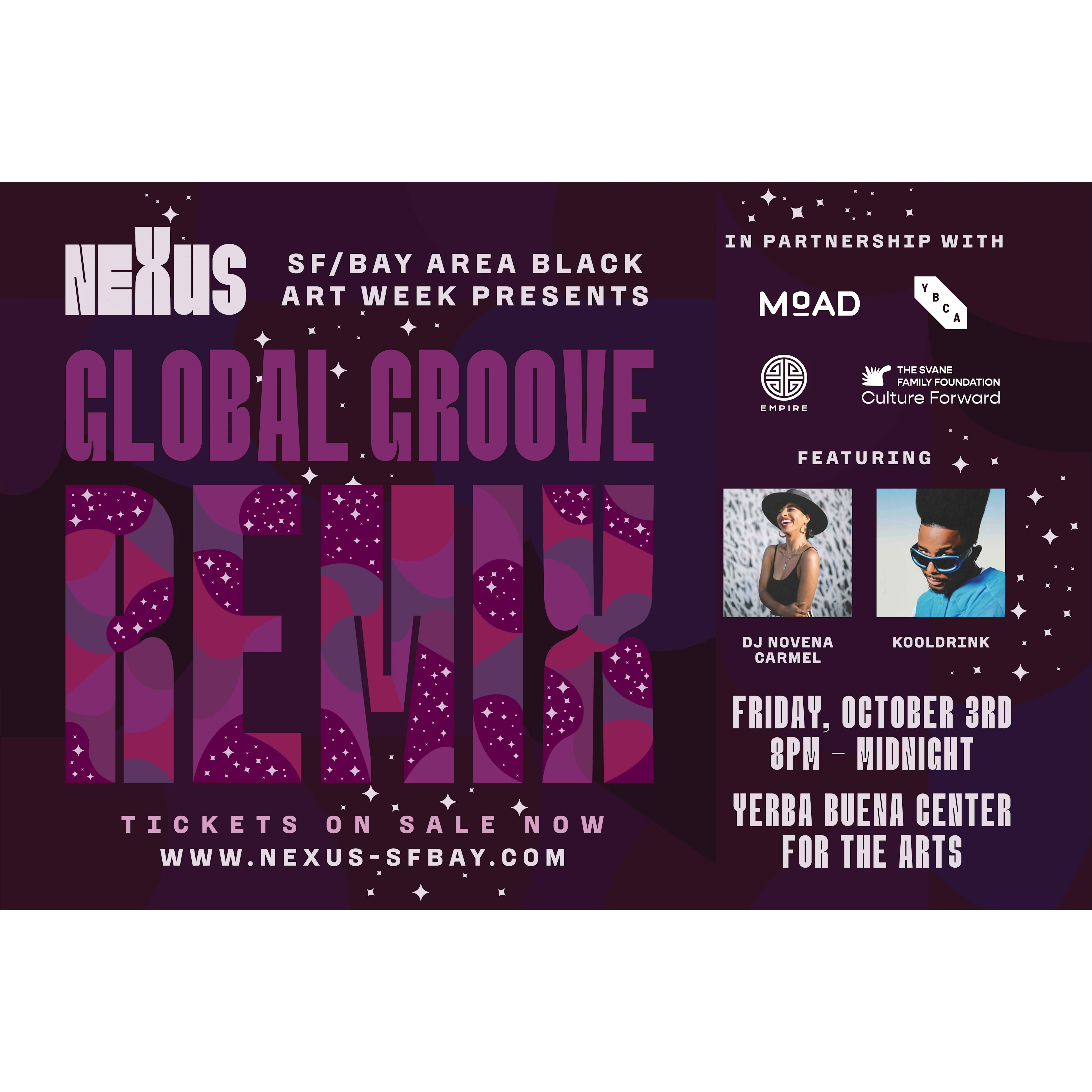 Event flyer for Global Groove Remix Event in San Francisco with show information and two headshots of DJs Novena Carmel and Kooldrink