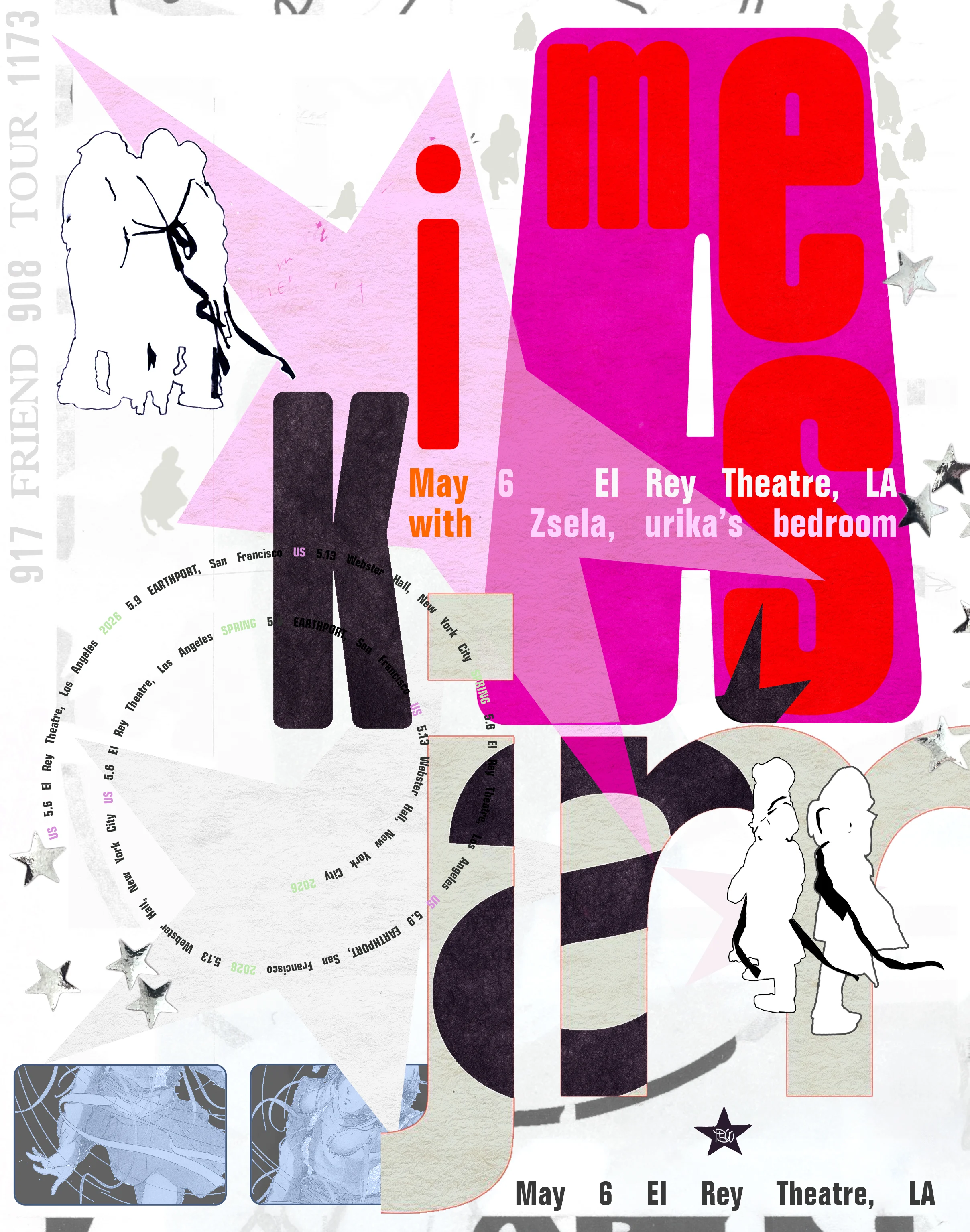Colorful concert poster for james K at El Rey Theatre, LA on May 6, featuring bold pink and red typography with supporting acts.