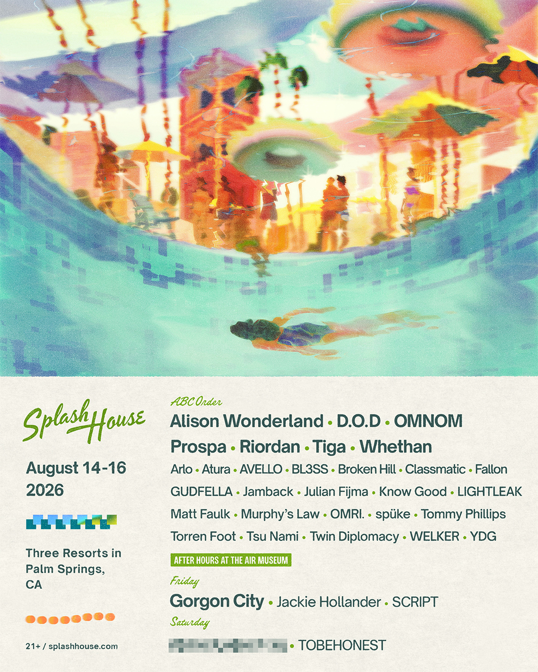 Splash House music festival poster for August 14-16, 2026 in Palm Springs, CA, featuring colorful pool party artwork and lineup.
