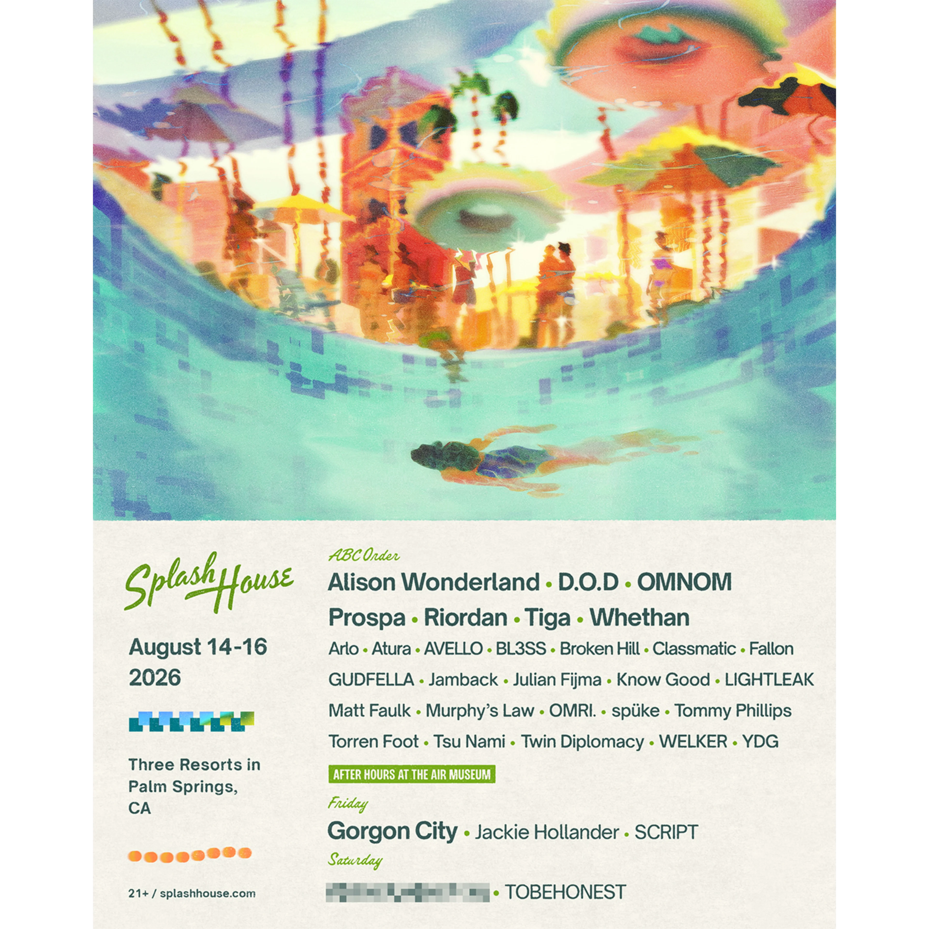 Splash House music festival poster for August 14-16, 2026 in Palm Springs, CA, featuring colorful pool party artwork and lineup.