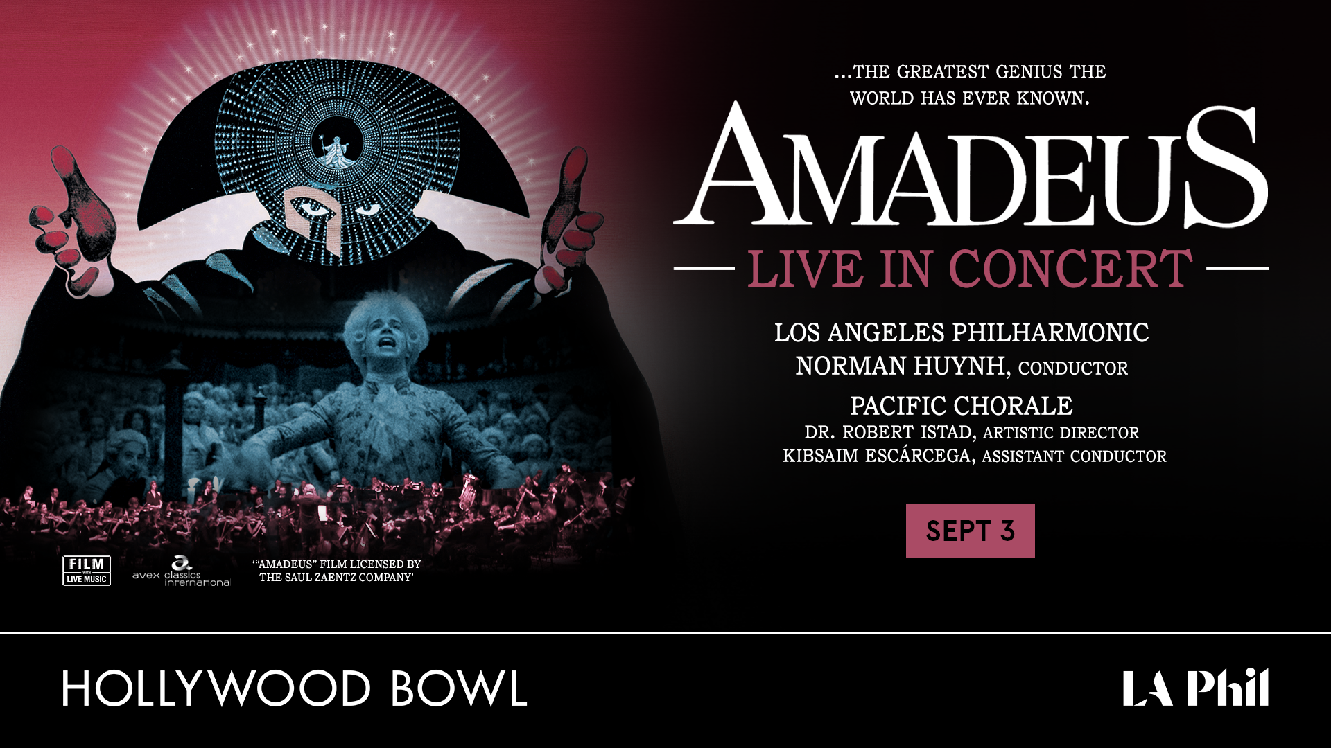 Promotional poster for Amadeus Live in Concert at the Hollywood Bowl, featuring dramatic film imagery on a dark background.