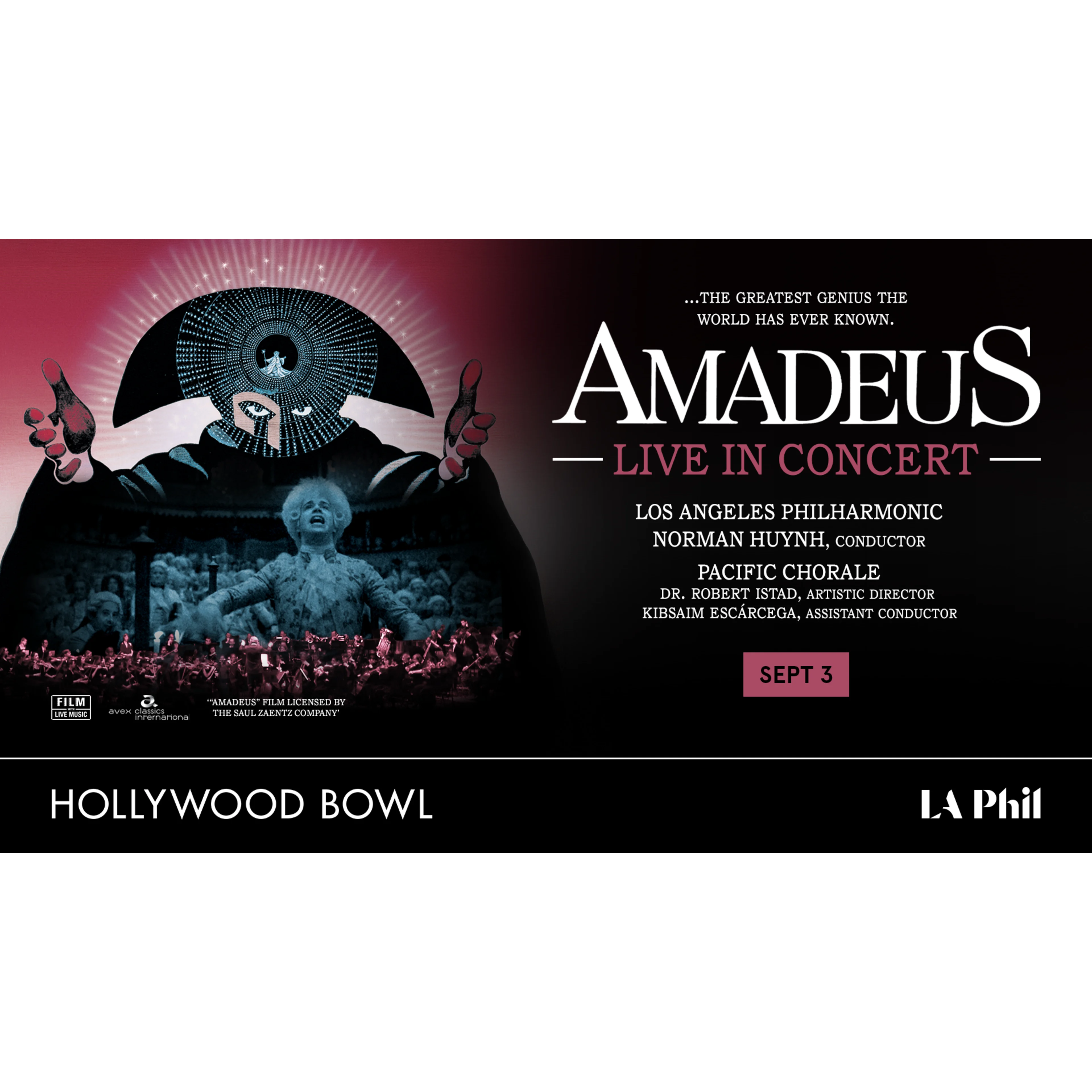 Promotional poster for Amadeus Live in Concert at the Hollywood Bowl, featuring dramatic film imagery on a dark background.