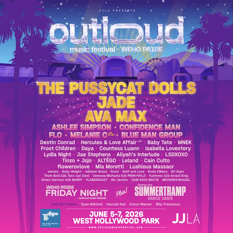 Vibrant purple poster for Outloud Music Festival at WeHo Pride 2026, featuring The Pussycat Dolls, Jade, and Ava Max among many performers.