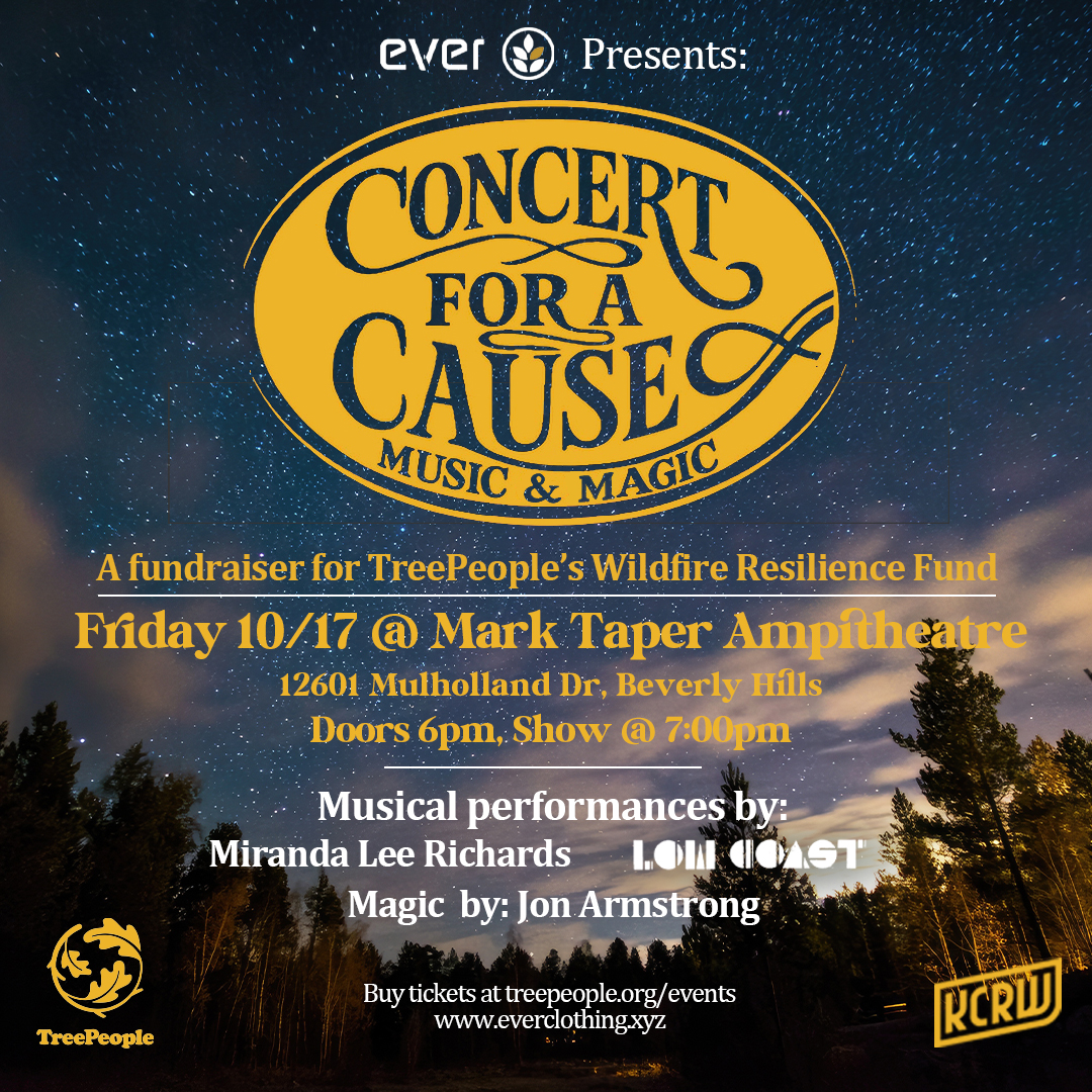 Concert for a Cause poster featuring music and magic event at Mark Taper Amphitheatre to benefit TreePeople's Wildfire Resilience Fund.