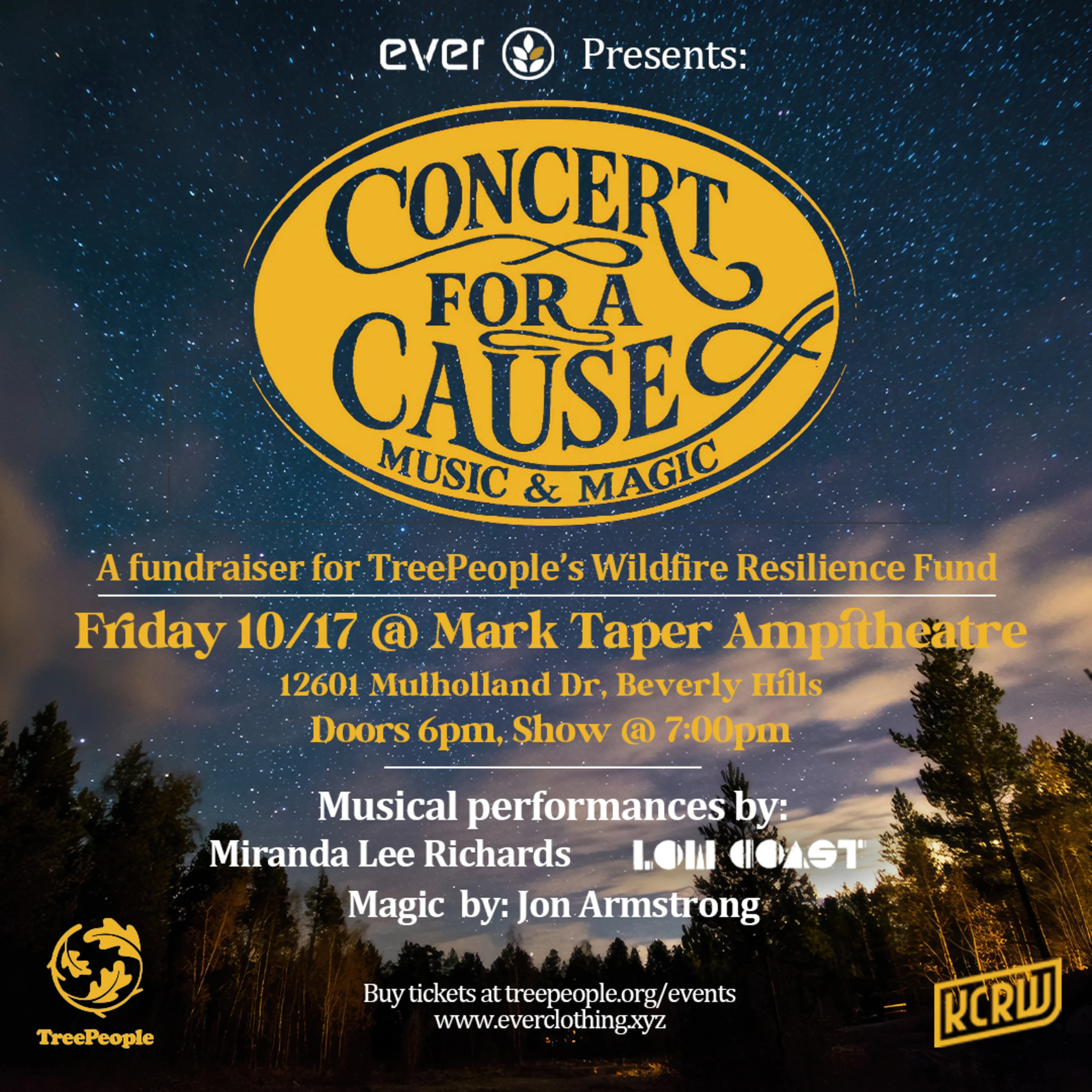 Concert for a Cause poster featuring music and magic event at Mark Taper Amphitheatre to benefit TreePeople's Wildfire Resilience Fund.