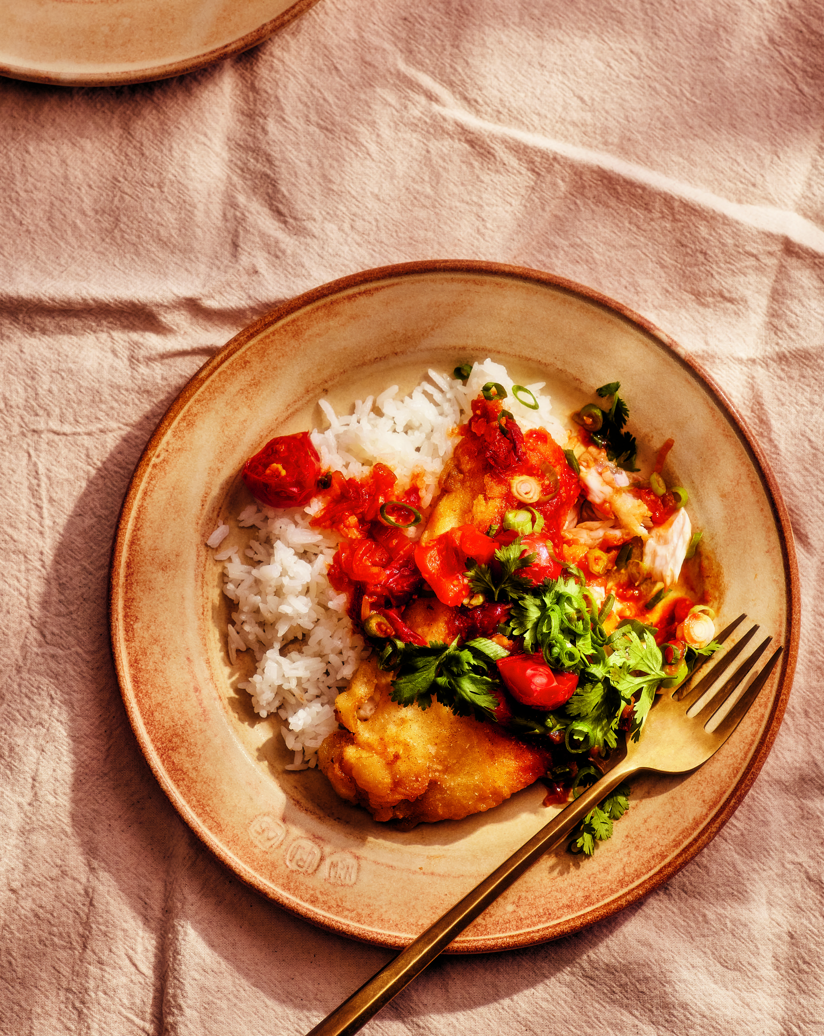 Ceramic plate with white rice, golden fried protein, tomato sauce, and fresh herbs, served with a gold fork on beige linen.