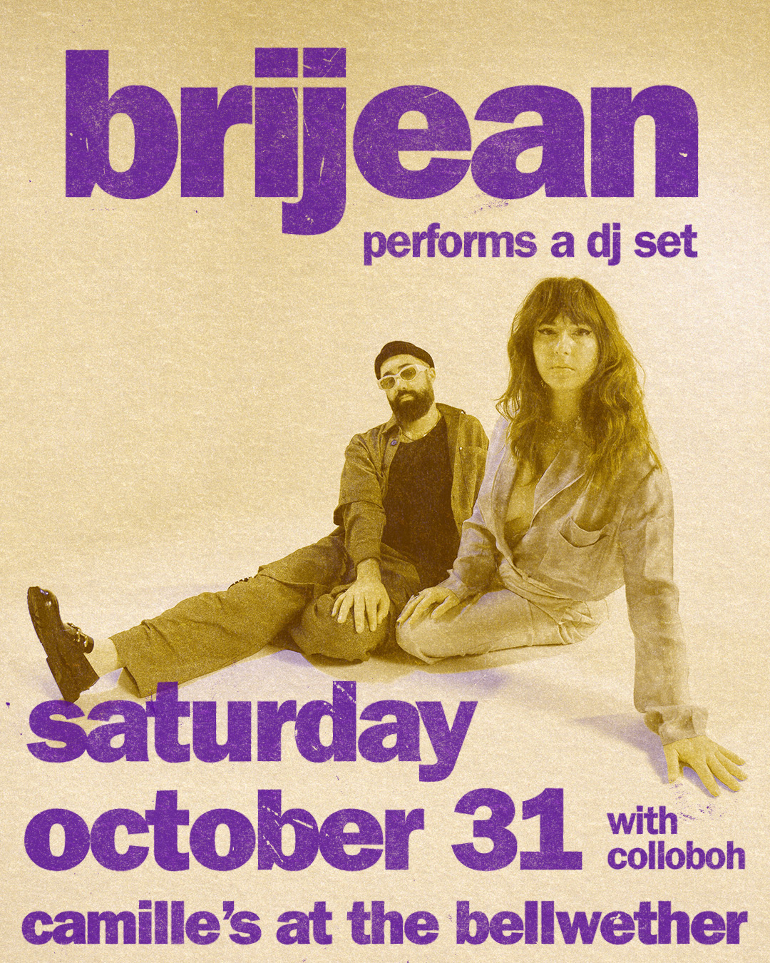 Event poster for Brijean DJ set on October 31 at Camille's at the Bellwether, featuring two people seated on a beige background.