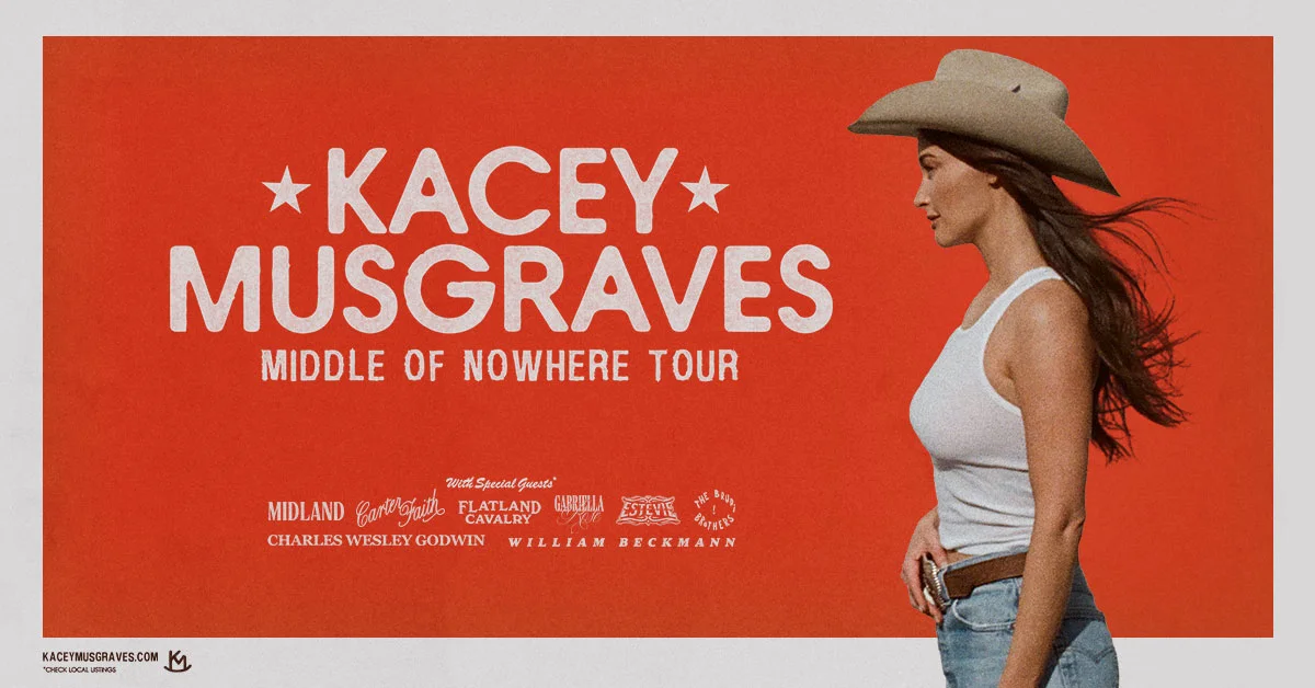 Kacey Musgraves Middle of Nowhere Tour promotional image with Kacey in a cowboy hat on a red background.