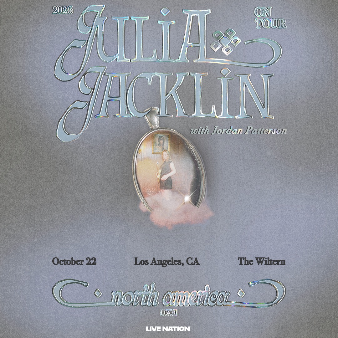 Julia Jacklin 2026 North America tour poster featuring a silver locket, holographic text, October 22 at The Wiltern, Los Angeles.