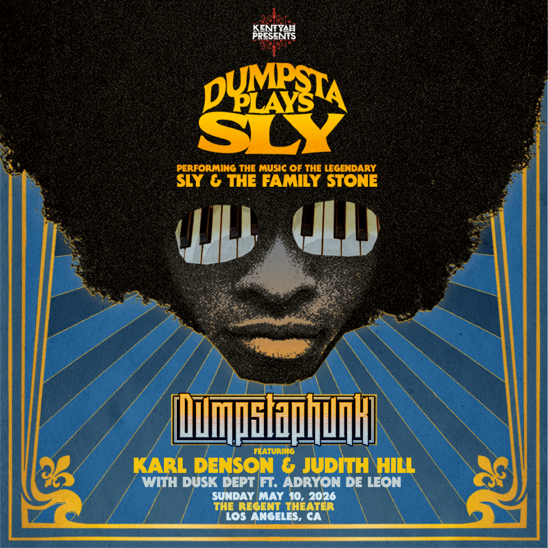 Concert poster for "Dumpsta Plays Sly" featuring music of Sly & The Family Stone, with piano-key sunglasses on silhouette figure.