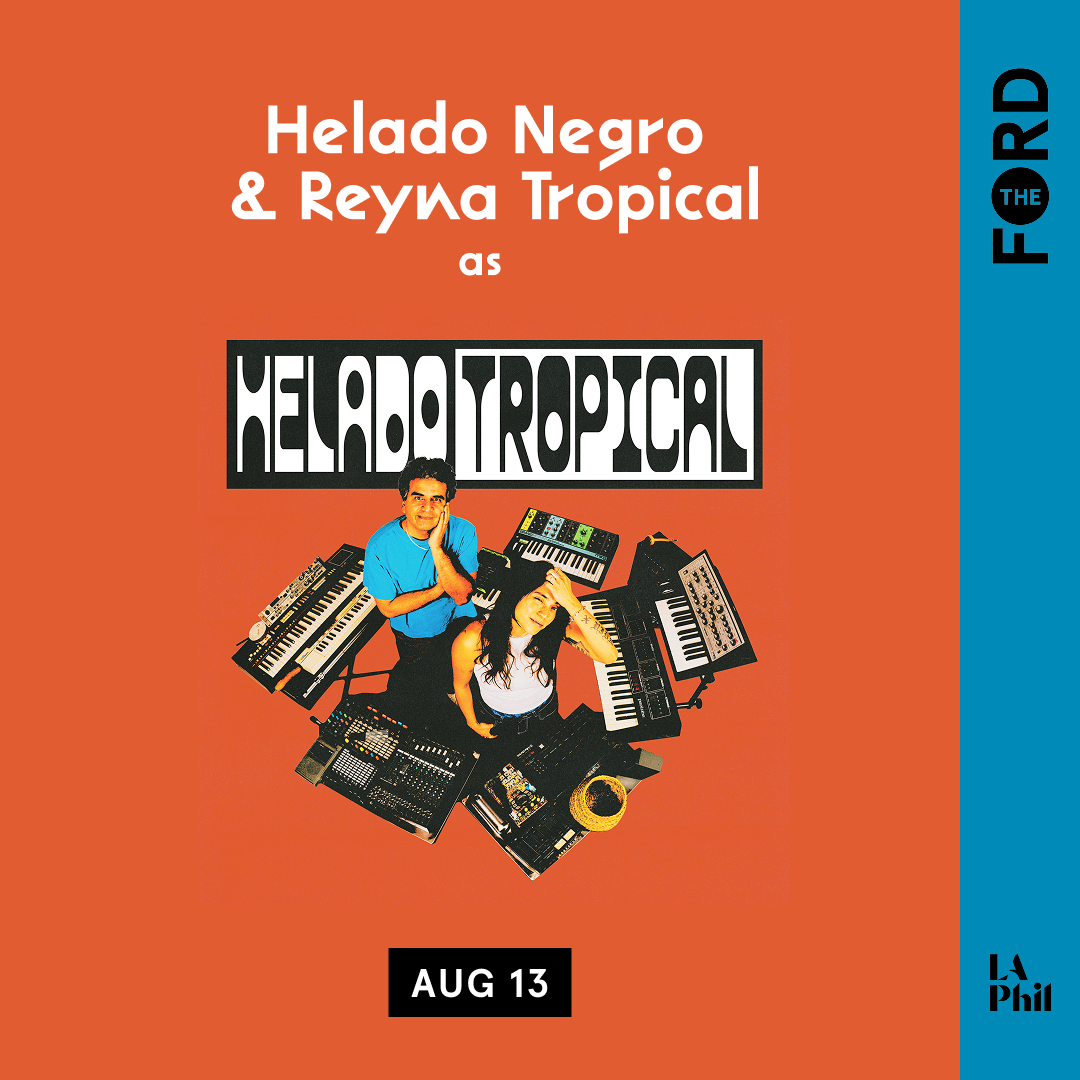 Promotional poster for Helado Negro & Reyna Tropical as Helado Tropical at The Ford, Aug 13, with two artists surrounded by keyboards.