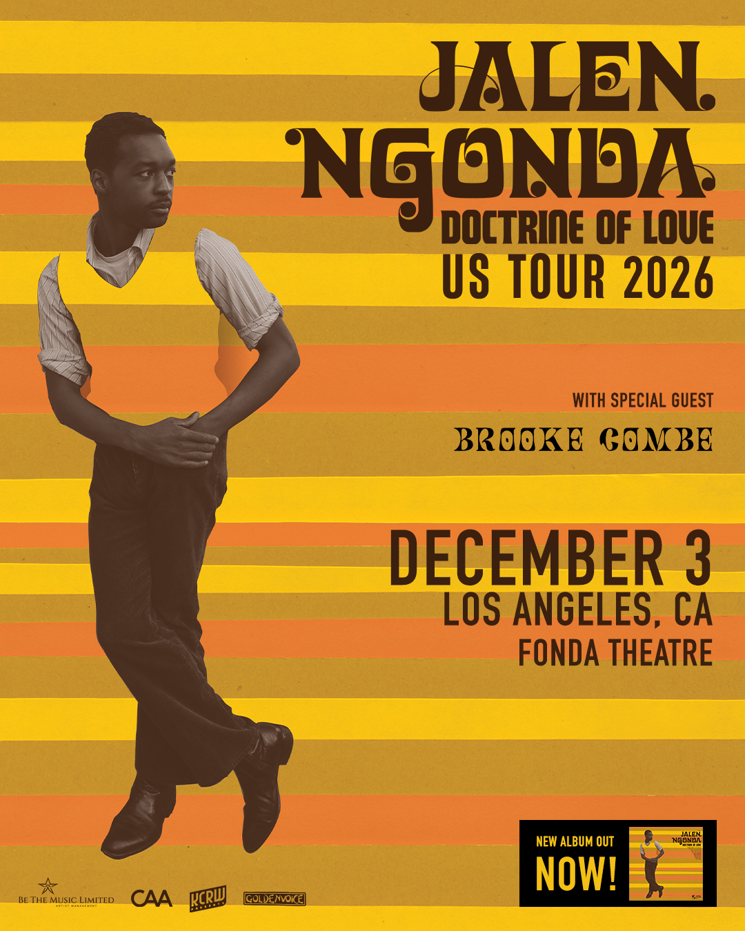 Jalen Ngonda Doctrine of Love US Tour 2026 concert poster, December 3, Los Angeles, CA, Fonda Theatre, yellow and orange stripes.